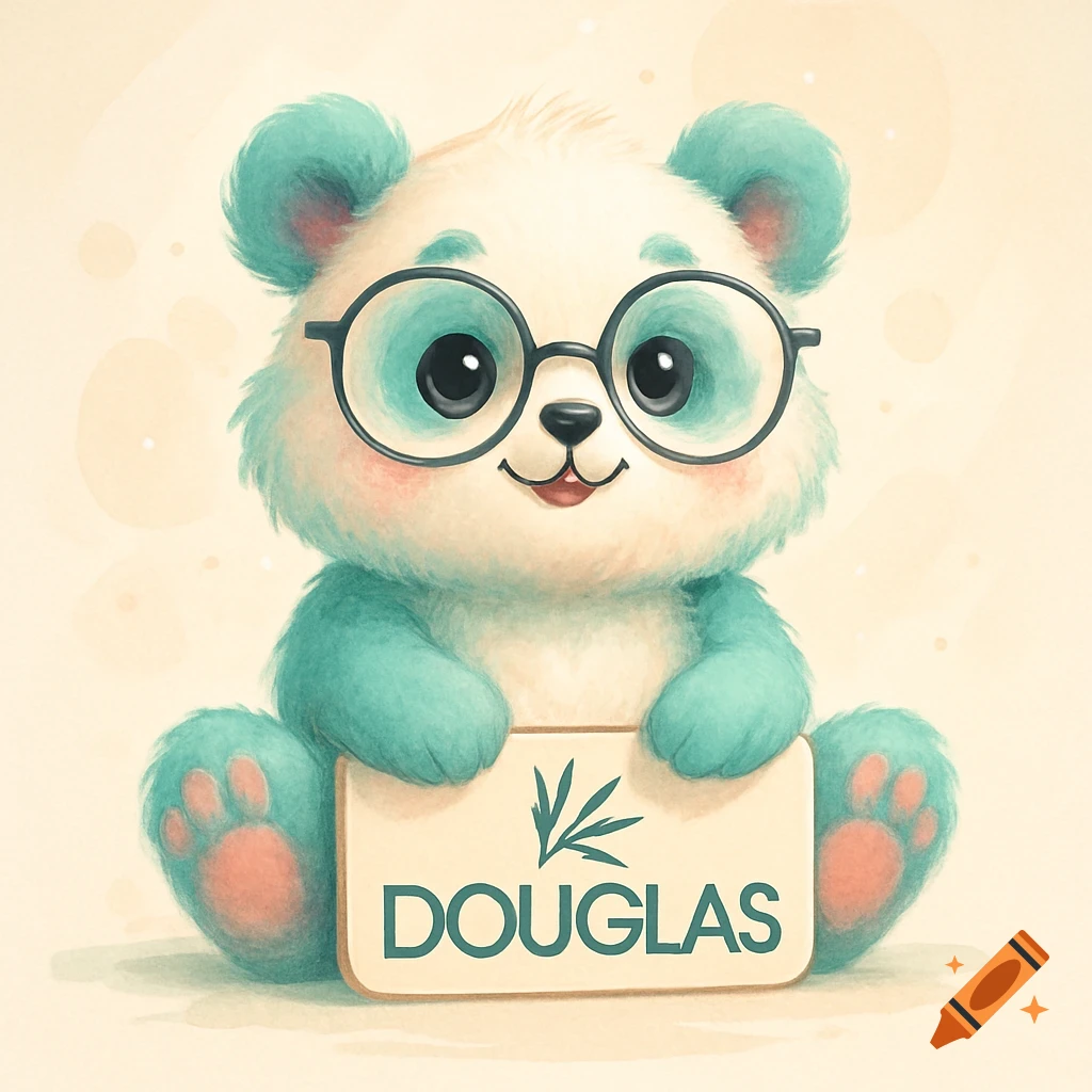 Cute teal and white panda cartoon wearing glasses, holding a sign with a leaf logo and 'DOUGLAS' in a watercolor illustration style.