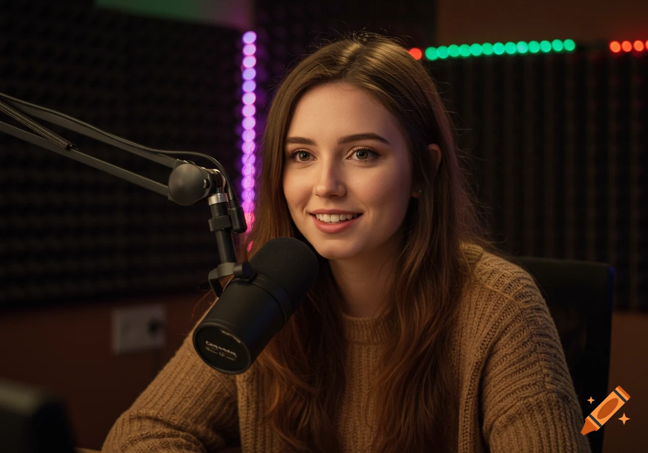 A young woman with long brown hair smiles softly, sitting in front of a podcast microphone in a dimly lit studio with colorful lights.
