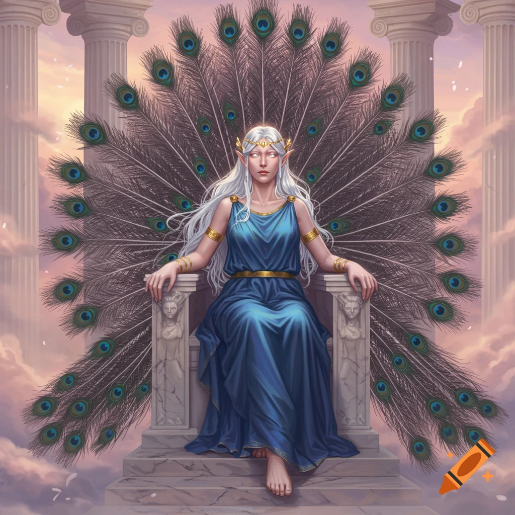 An elf-like goddess with white hair and a blue dress sits on a stone throne, framed by large peacock feathers, against a cloudy sky.