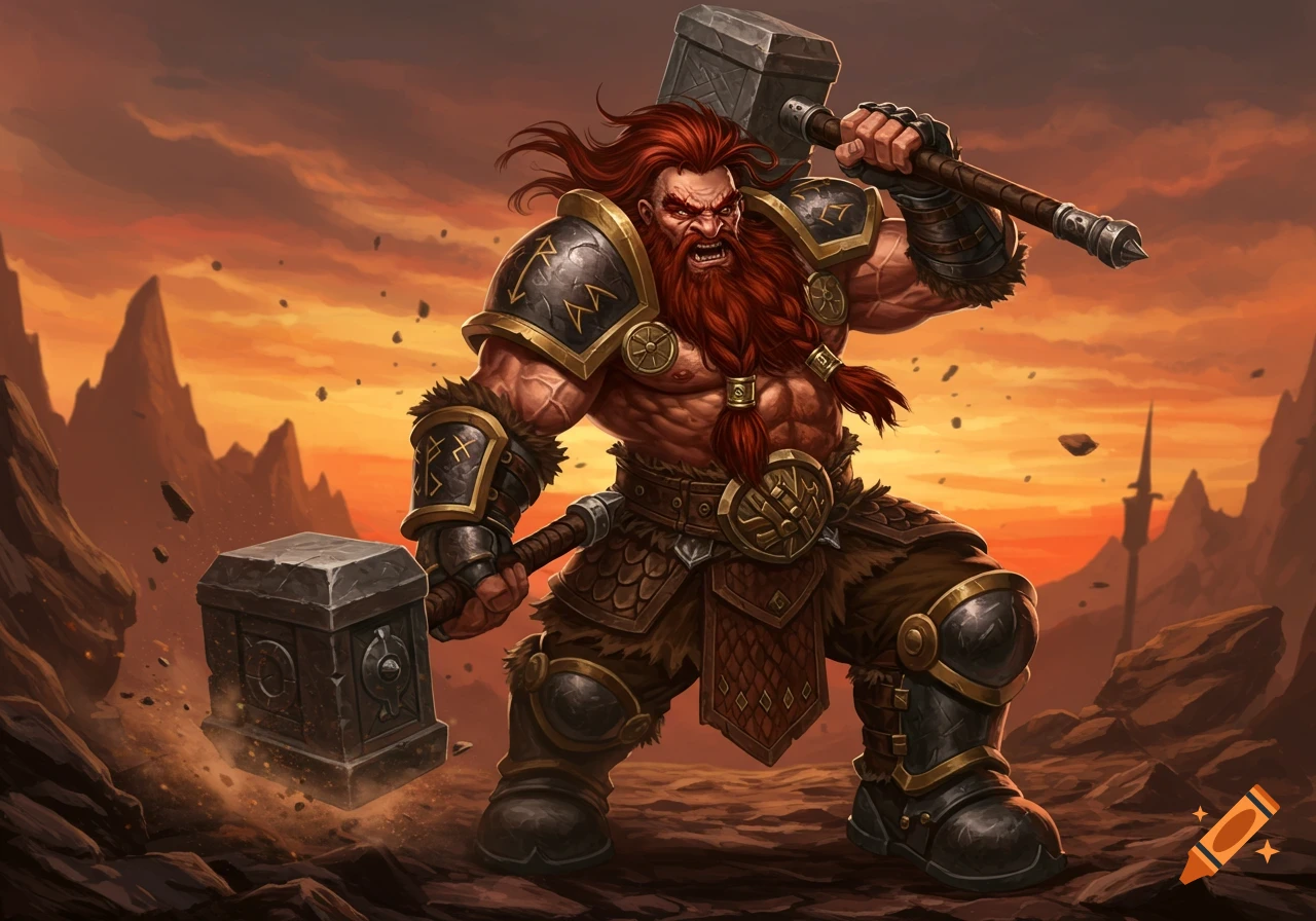 A muscular dwarf barbarian with a dark red beard and braids, wearing armor, wielding two mauls in a rocky, orange-skied landscape.