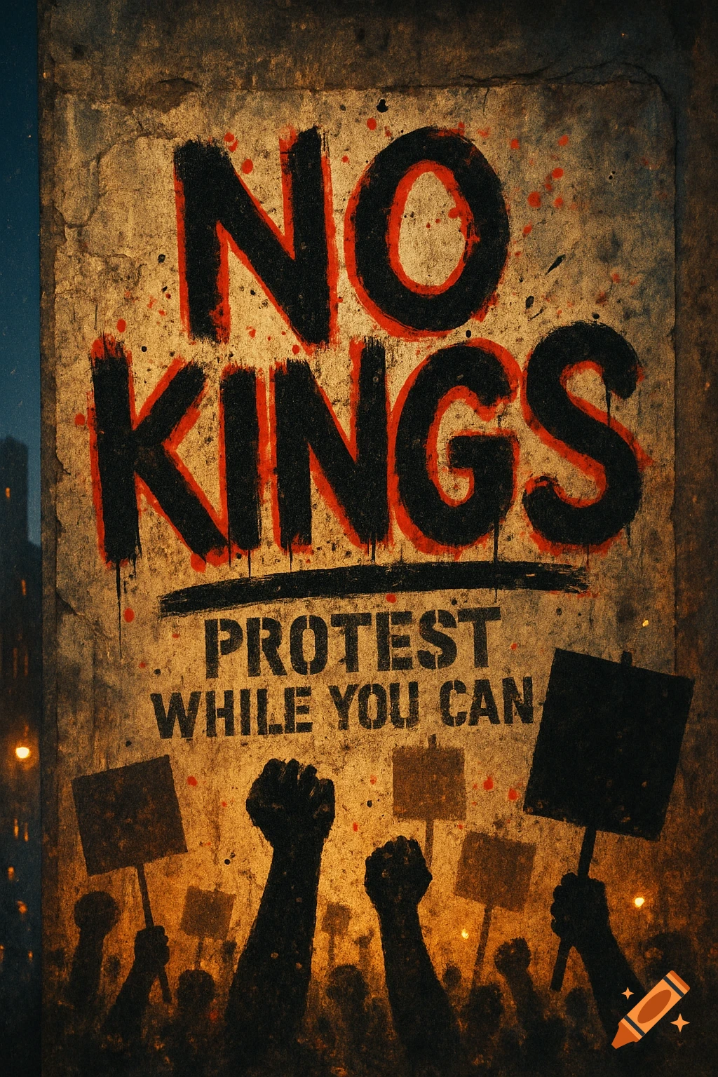 Grungy protest poster with 'NO KINGS Protest while you can' above silhouettes of raised fists and signs in a dimly lit city.
