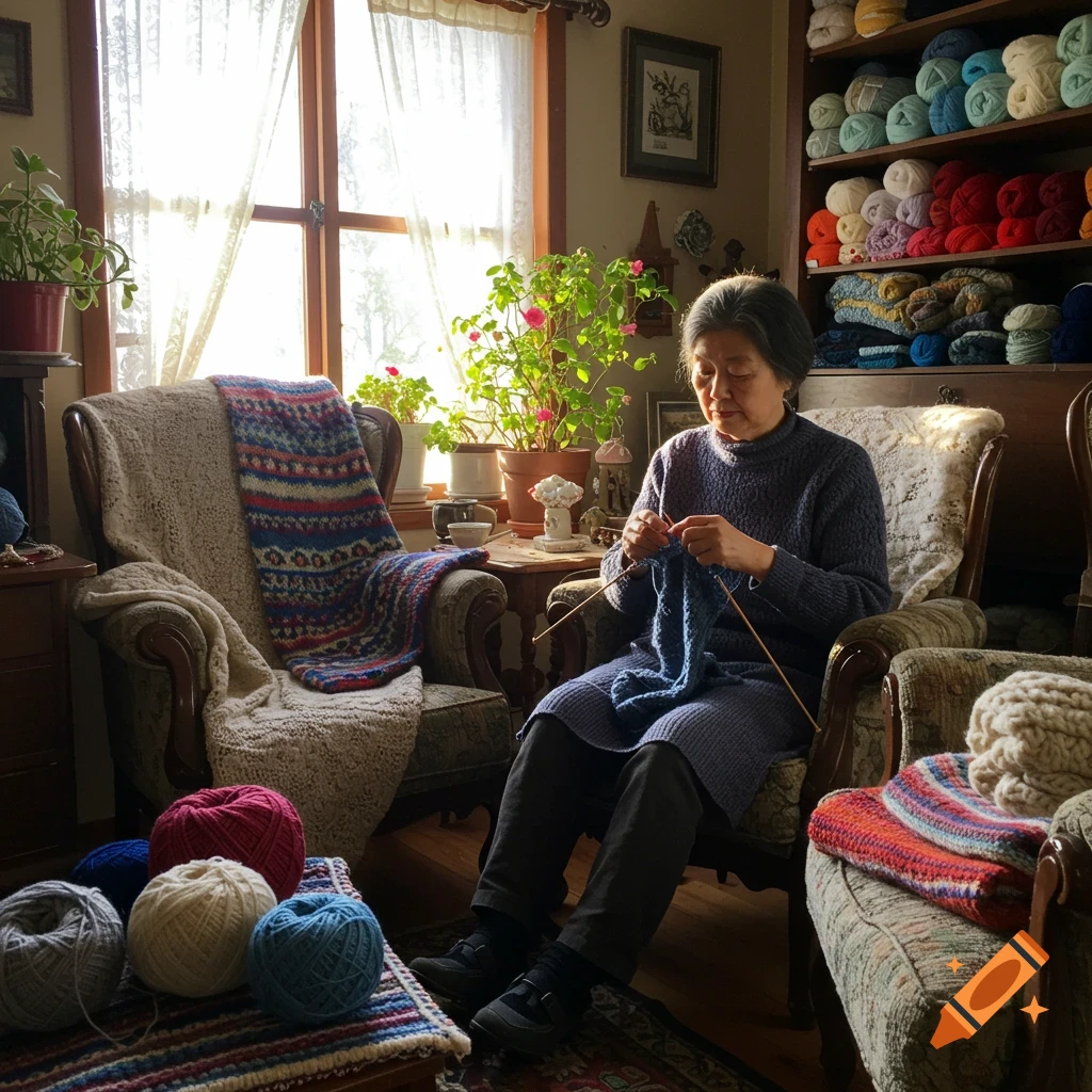 An elderly Asian woman knits a blue garment in a sunlit, cozy room filled with yarn and plants.