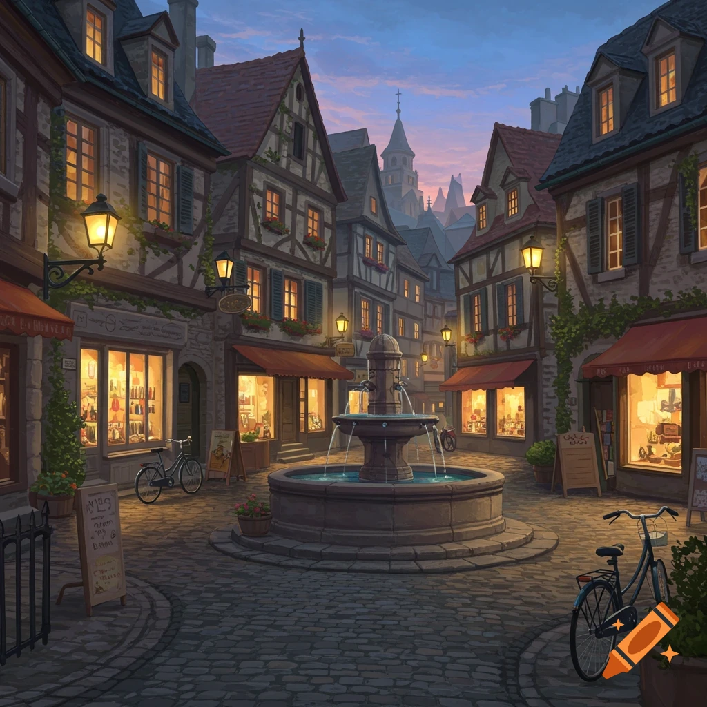 A charming, old-style European town square at dusk, featuring cobblestone streets, illuminated shop windows, a central fountain, and bicycles.