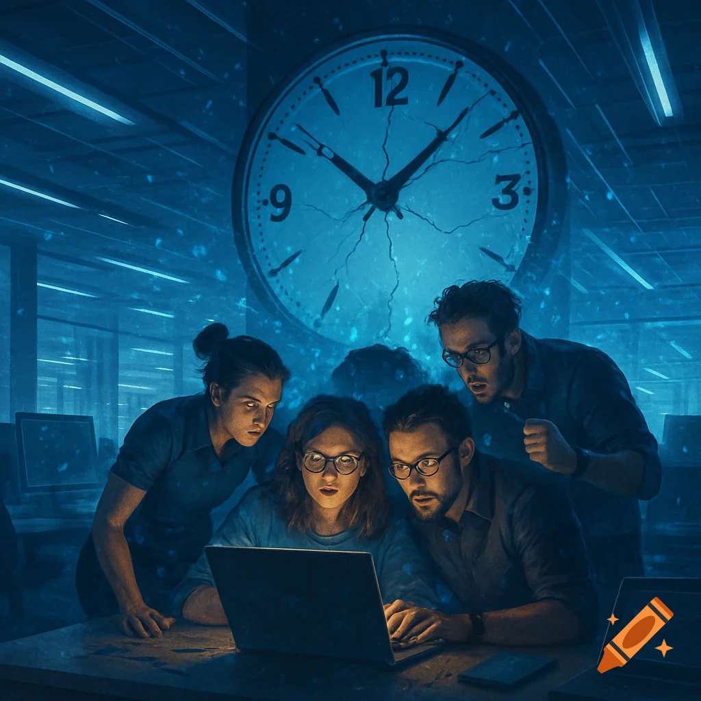 Four focused team members work intensely on a laptop under a large, cracked clock in a blue, digitally-styled office, reflecting time pressure.