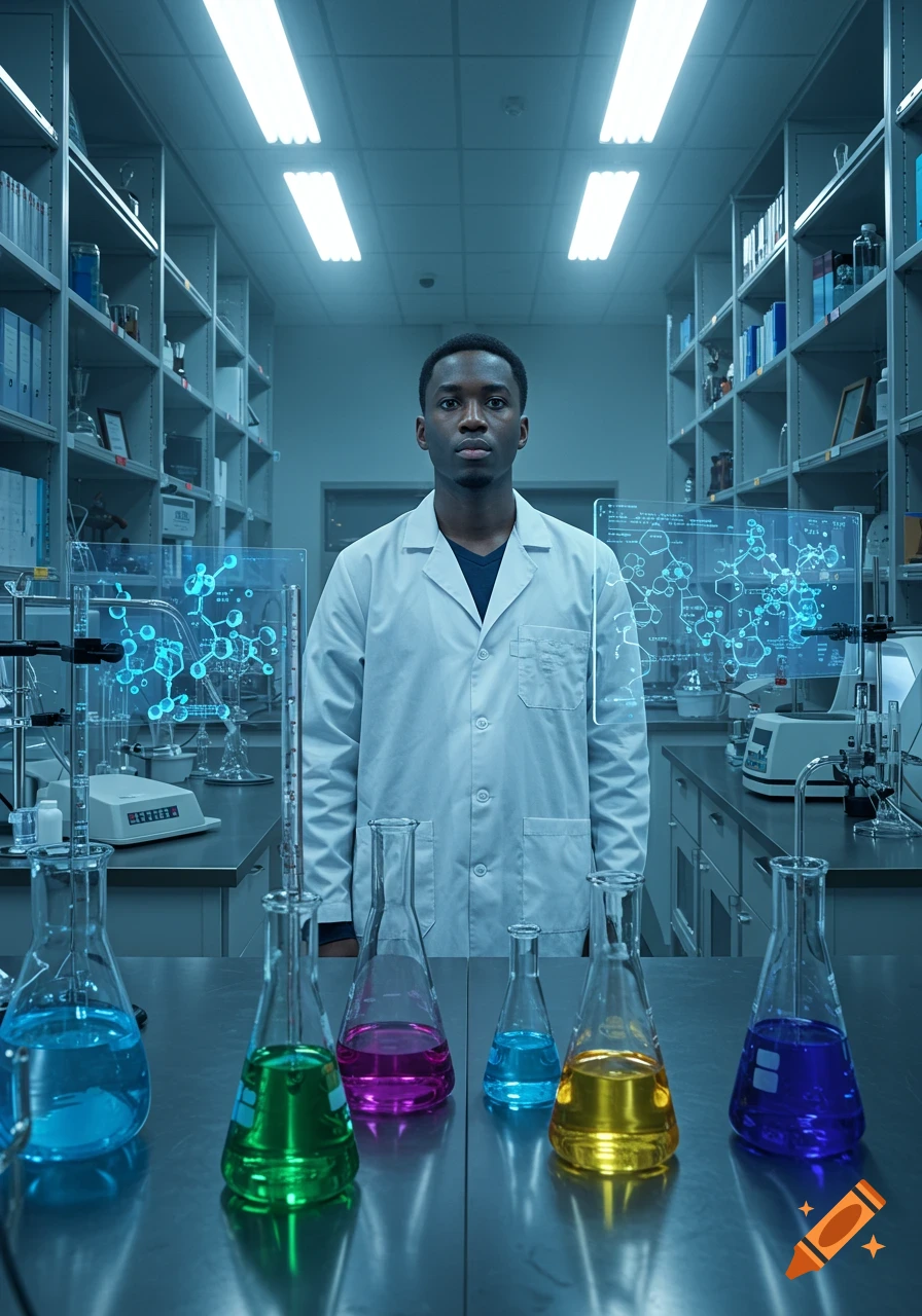 Photorealistic portrait of a Black scientist in a lab coat, in a modern lab with colorful beakers and holographic molecules.