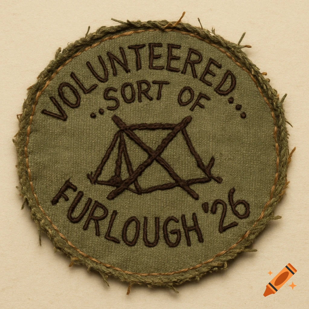 A round, olive drab embroidered patch with dark brown, messy lettering reading "VOLUNTEERED...SORT OF" and "FURLOUGH '26", surrounding a rough tent drawing. Vintage style.