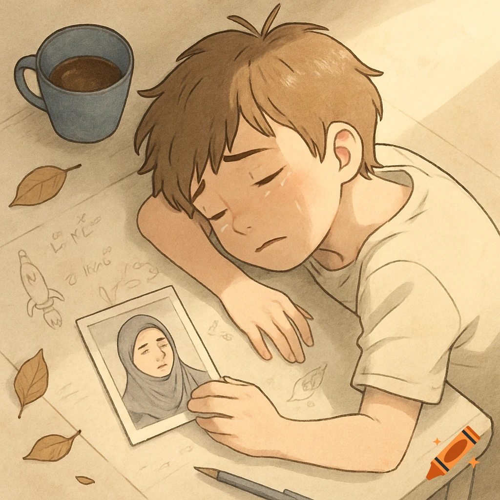 A sad anime boy sleeps at a desk, head on arm, with tears on his face. He holds a photo of a woman in a hijab, surrounded by papers, a rocket sketch, coffee, and leaves in a warm, melancholic illustration.