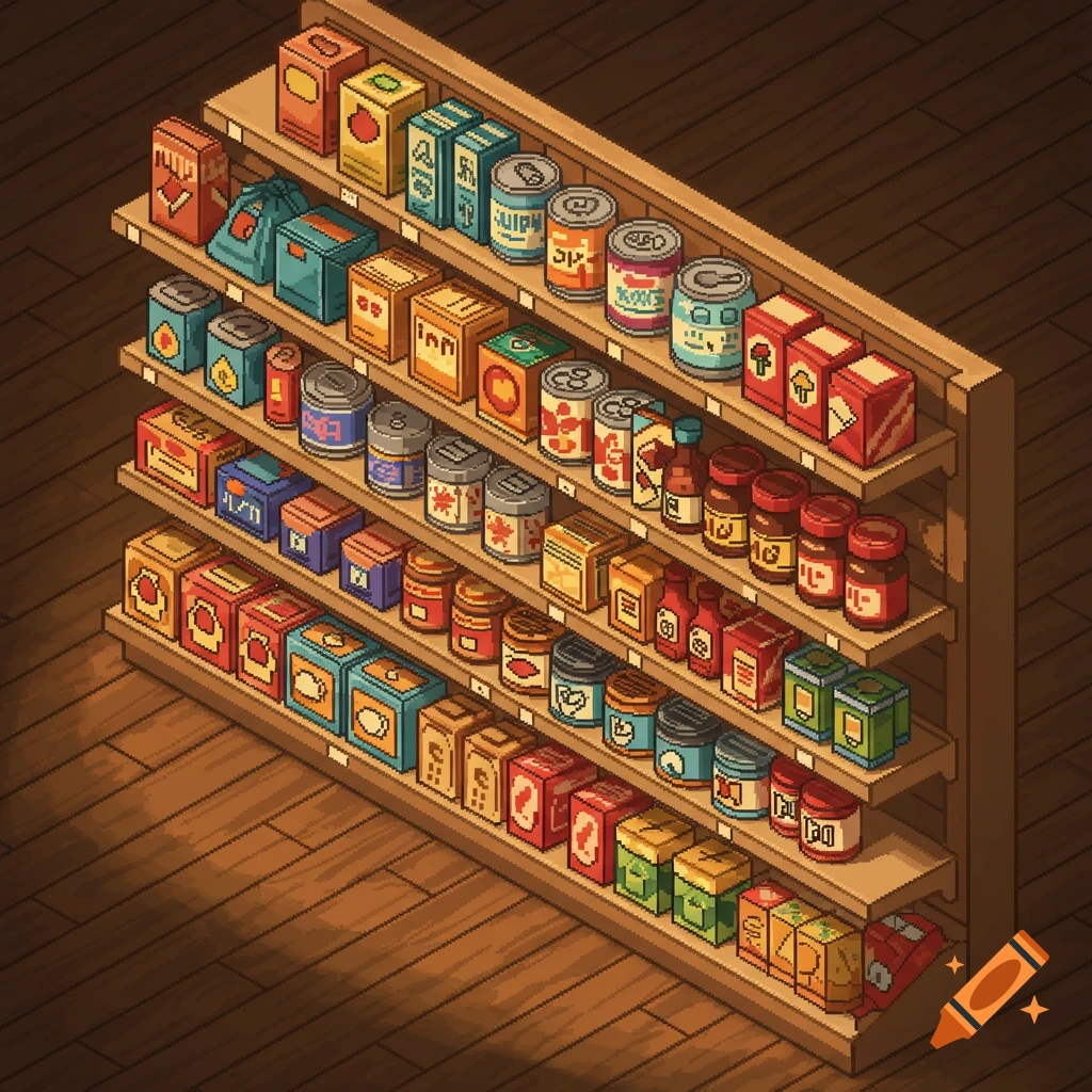 Pixel art diagonal view of a store shelf packed with various grocery items like cans, boxes, and bottles.