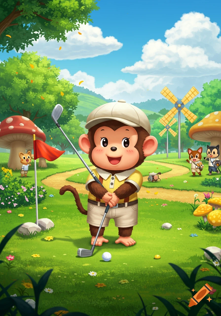 A cute cartoon monkey in a yellow polo shirt and shorts holds a golf club on a colorful miniature golf course. Other small animals, trees, and mushrooms are in the background.
