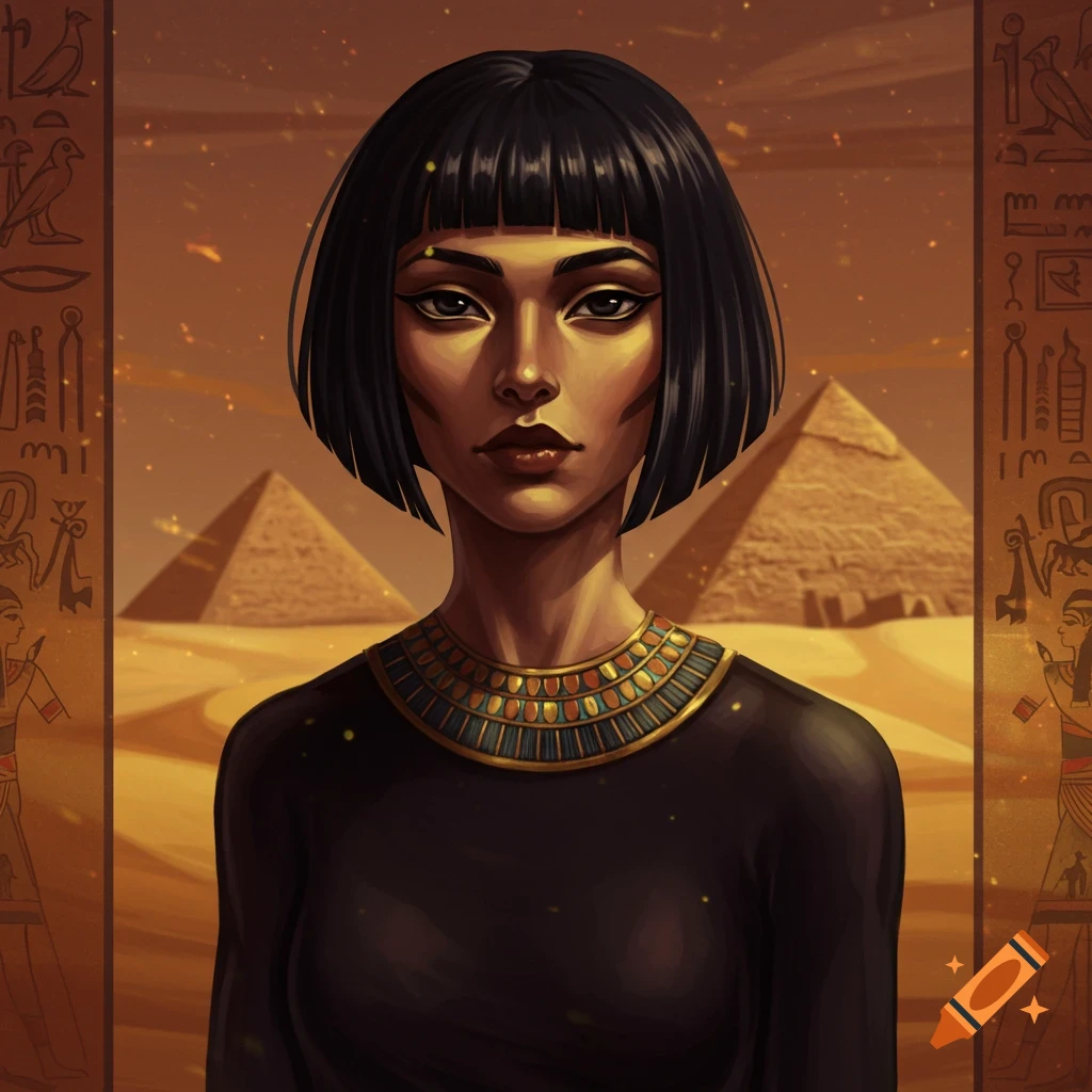 A stylized portrait of a woman with a dark bob haircut and an ornate Egyptian collar, against a desert backdrop with pyramids and hieroglyphs.