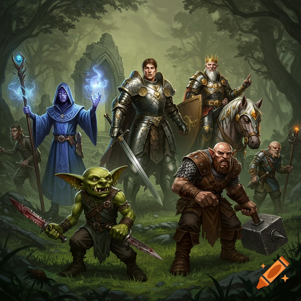 A diverse group of fantasy characters including a goblin, mage, knight, king on horseback, and warriors in a mystical forest.