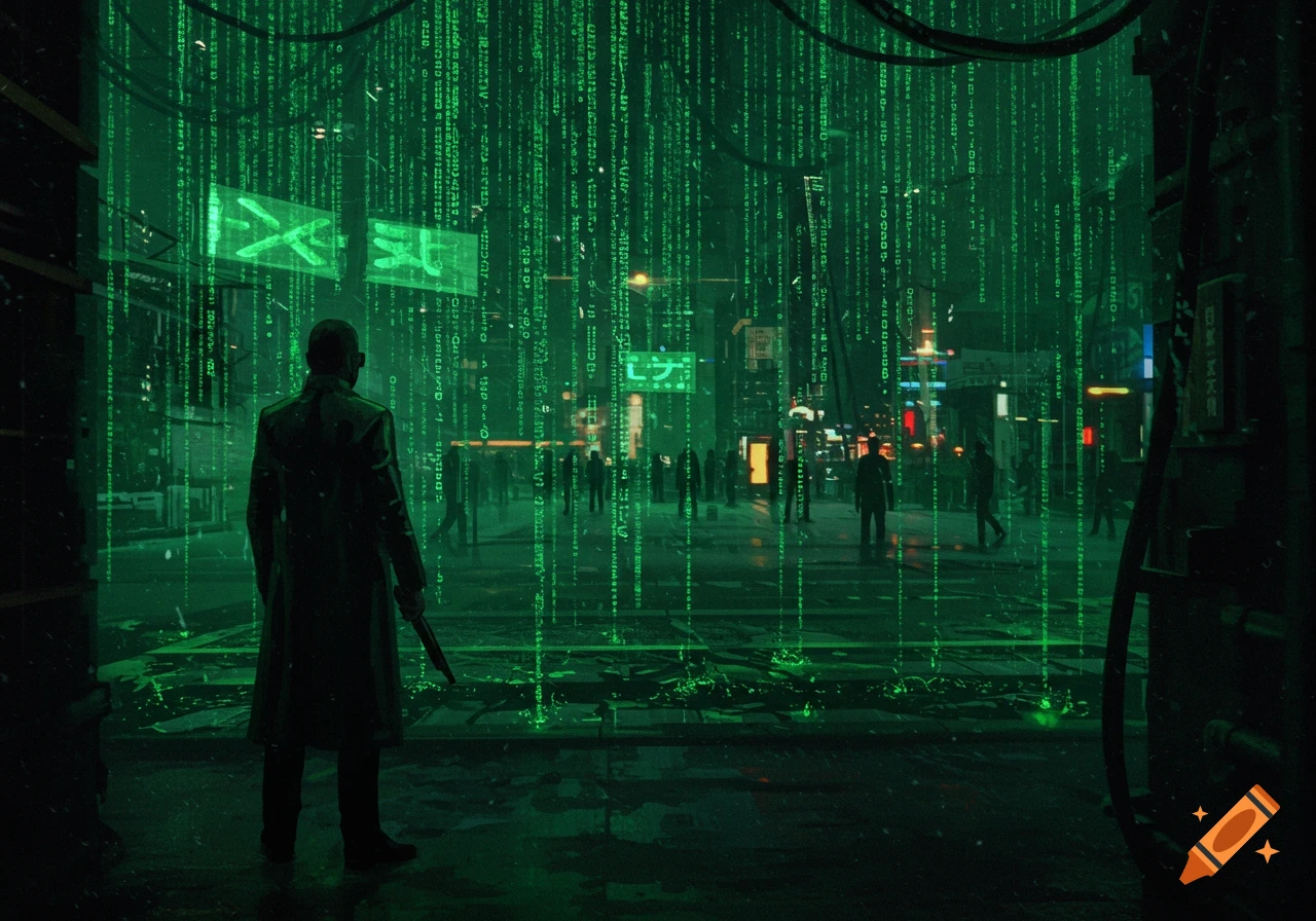 A figure in a trench coat holds a weapon in a dark cyberpunk city street, illuminated by falling green digital code.