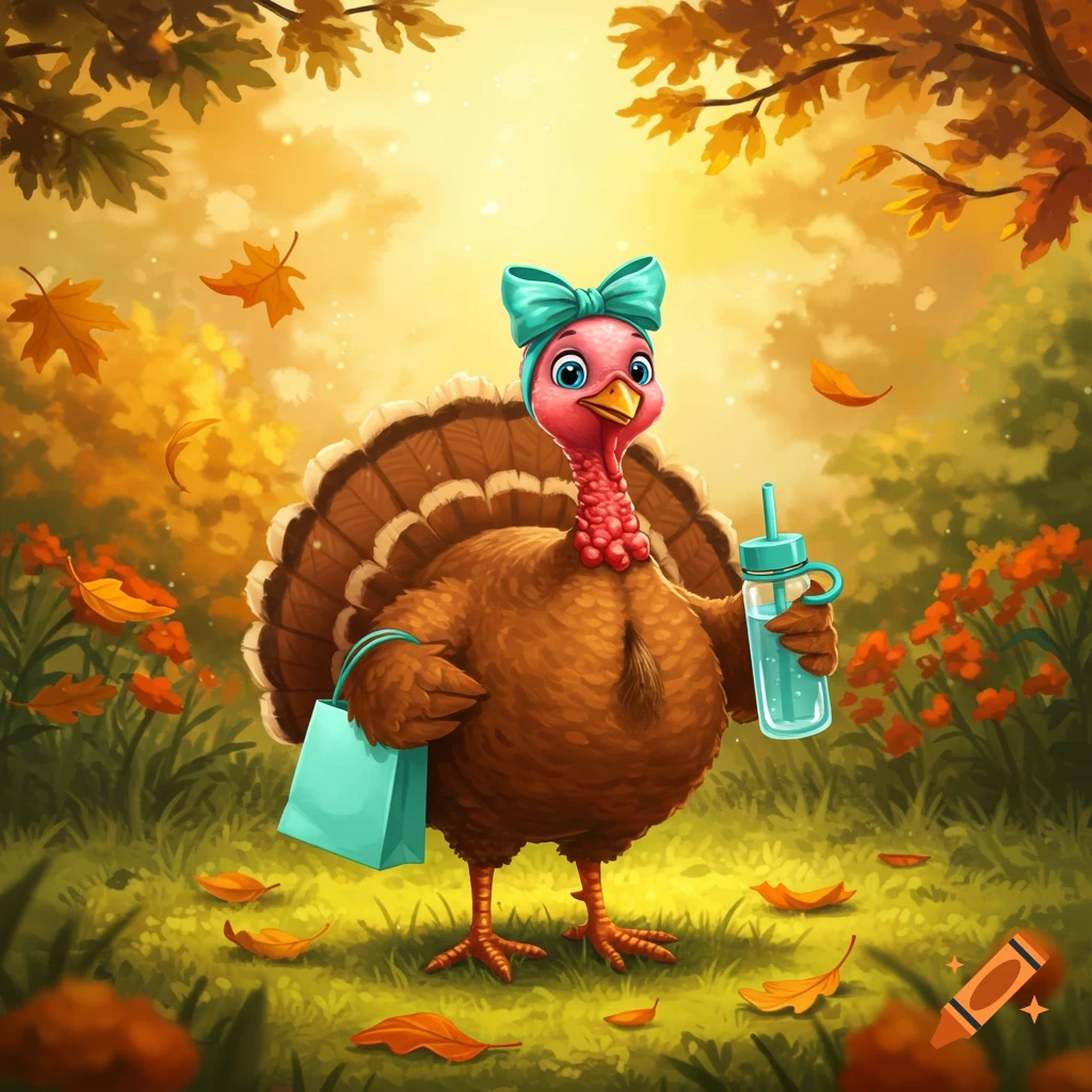 A cute cartoon turkey wearing a teal bow, holding a teal shopping bag and a water bottle in an autumn forest with falling leaves.