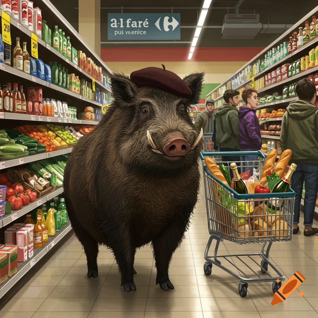 A wild boar wearing a red beret stands in a supermarket aisle next to a full shopping cart, with groceries on shelves and people in the background.
