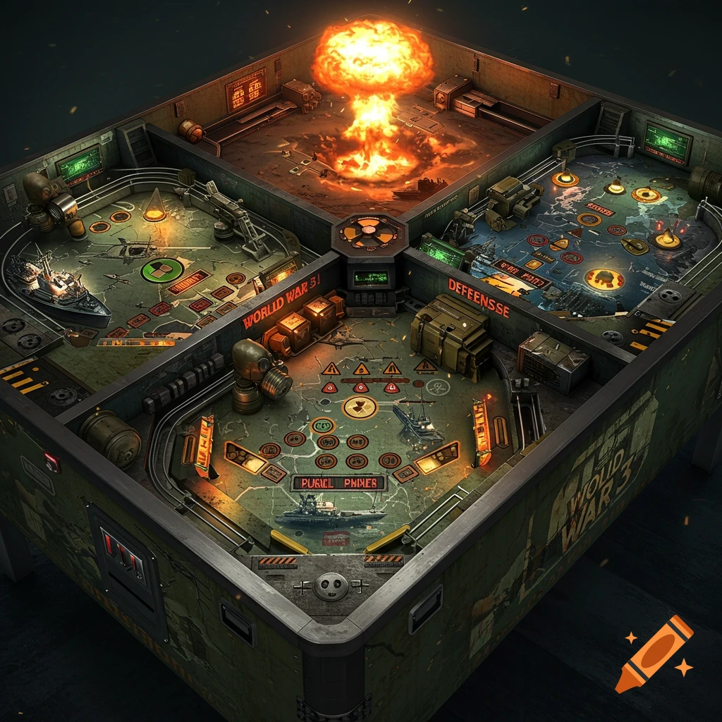 Detailed isometric artwork of a World War 3 themed pinball machine with military vehicles, gas masks, and a nuclear explosion.