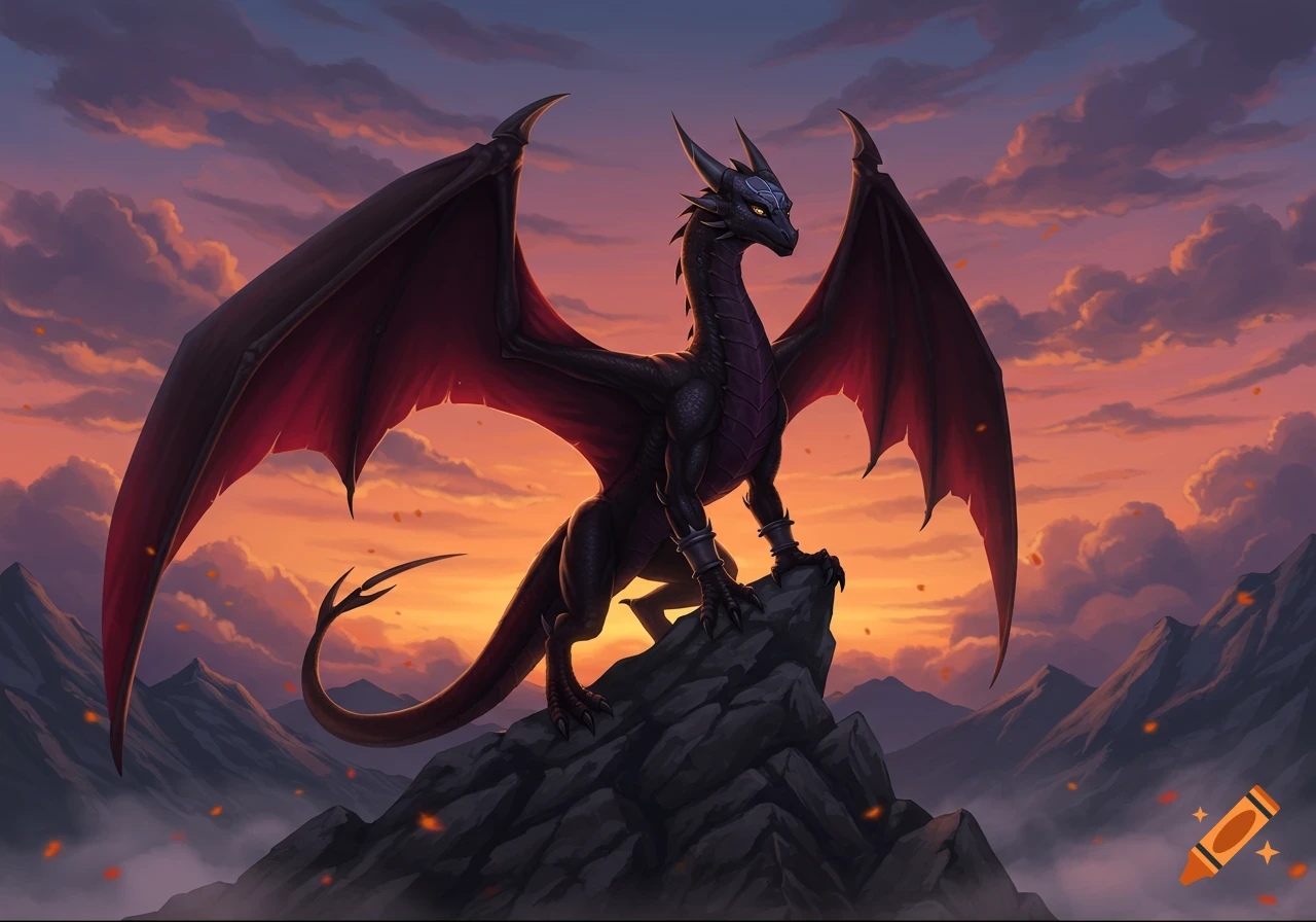 A black dragon with red wings stands majestically on a rocky peak ...