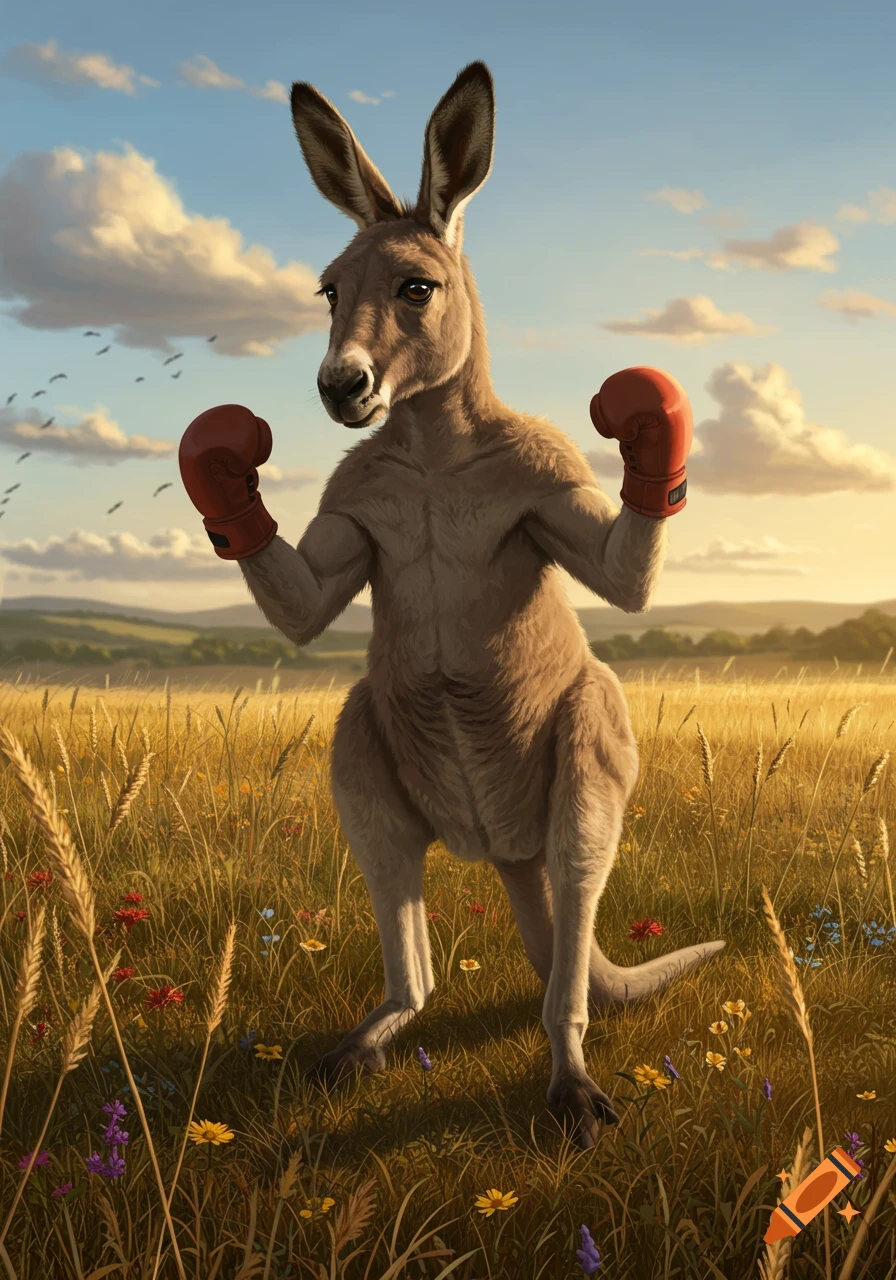 A muscular kangaroo wearing red boxing gloves stands in a golden field under a blue sky with clouds, with birds flying in the distance.