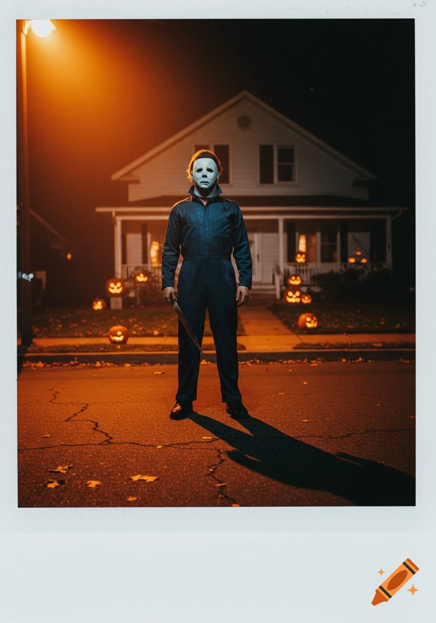 A polaroid photo of Michael Myers holding a knife on a street at night, with a house and jack-o'-lanterns in the background.