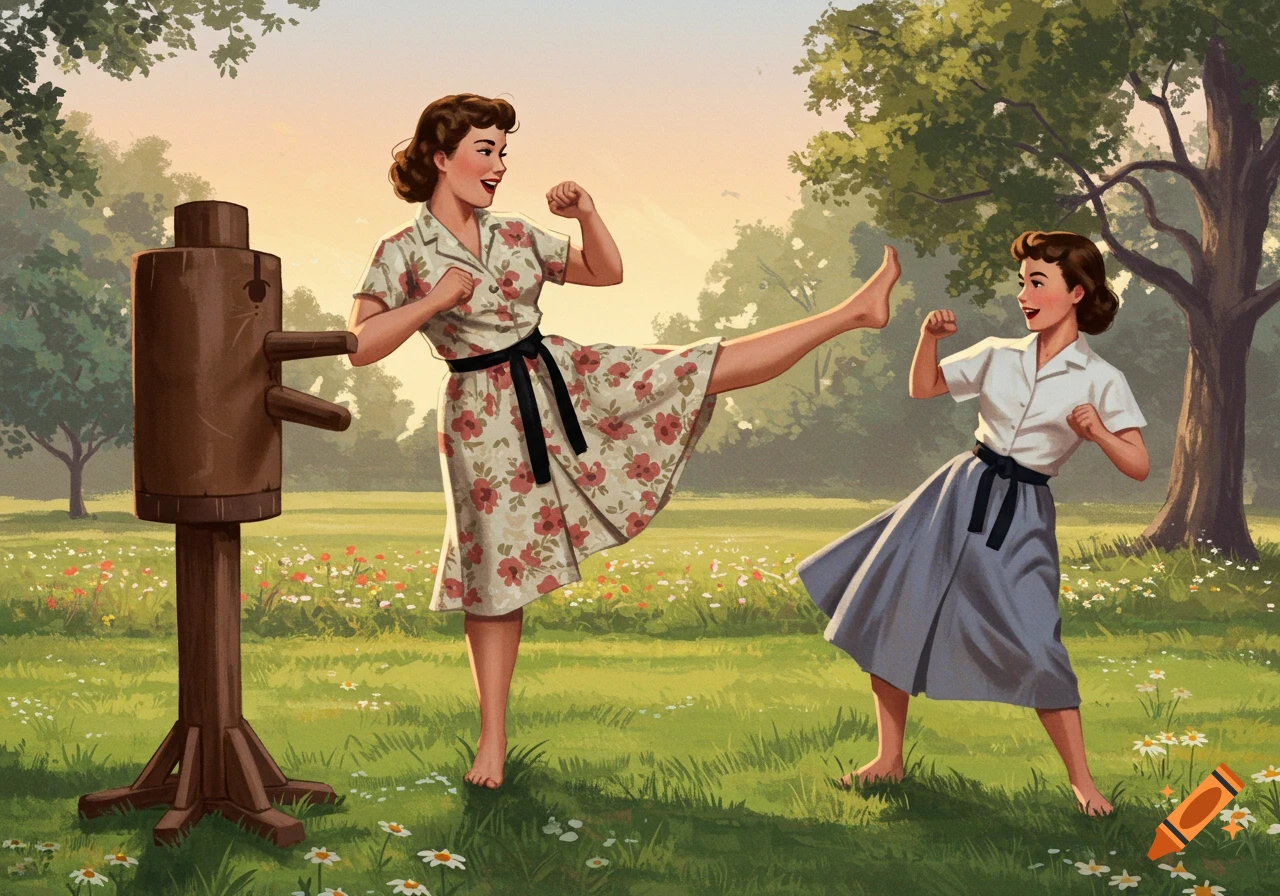 Two 1950s women in dresses practice karate kicks, one striking a wooden dummy, in a vintage illustration.