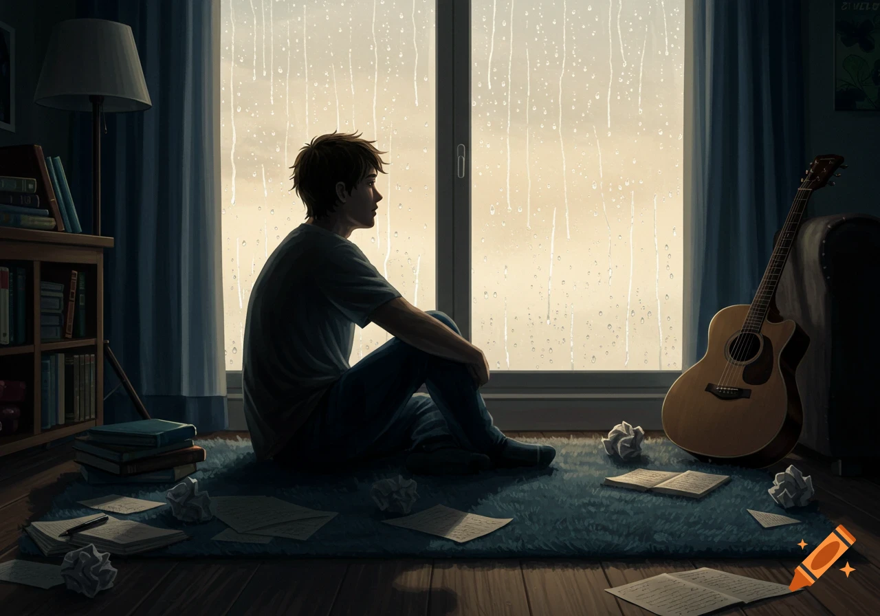 A young man sits on a rug by a window, looking out at the rain. Books, crumpled papers, and a guitar are scattered around him.