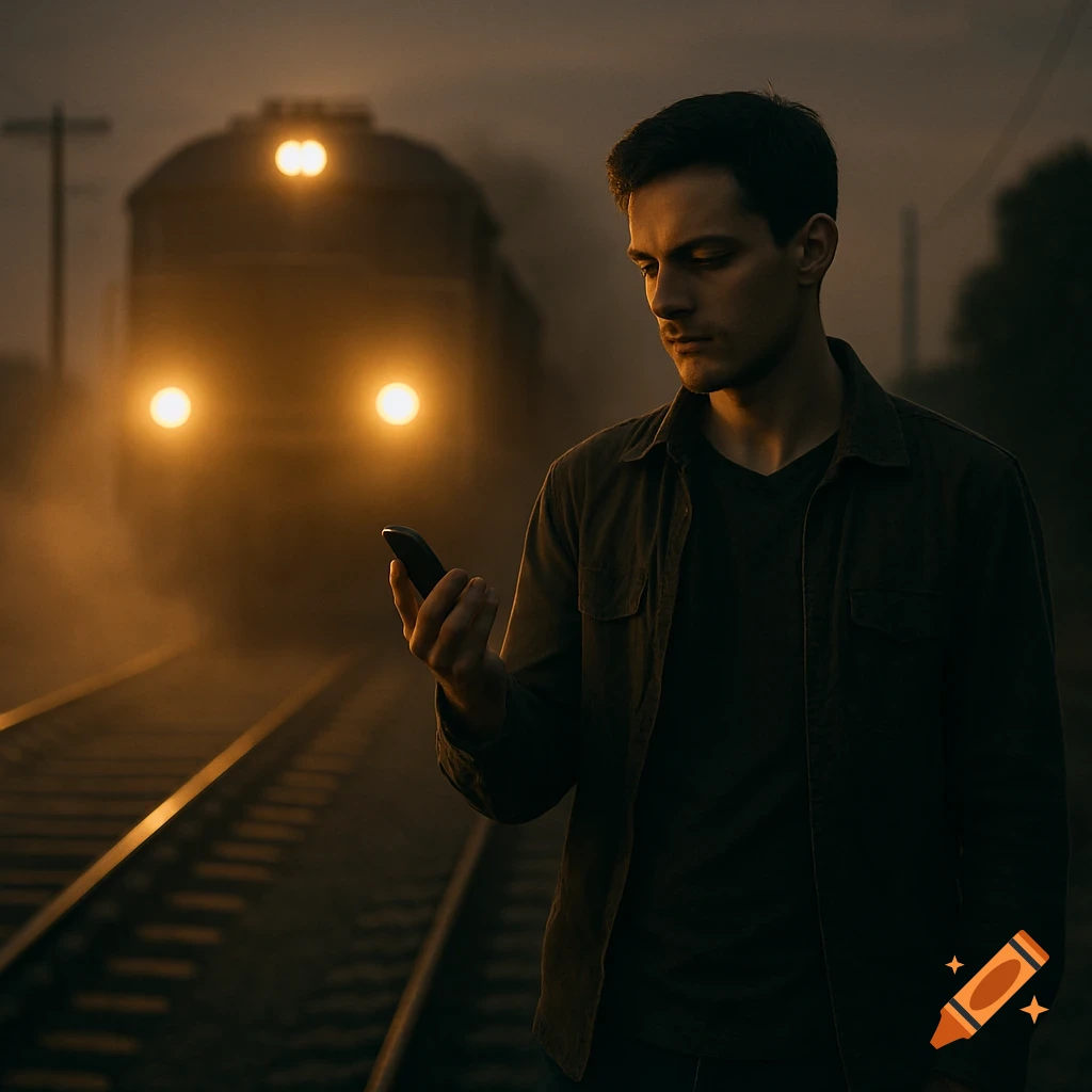 A man stands on train tracks at dusk, intently looking at his hand as a brightly lit train approaches from behind him in a hazy glow. Photorealistic style.