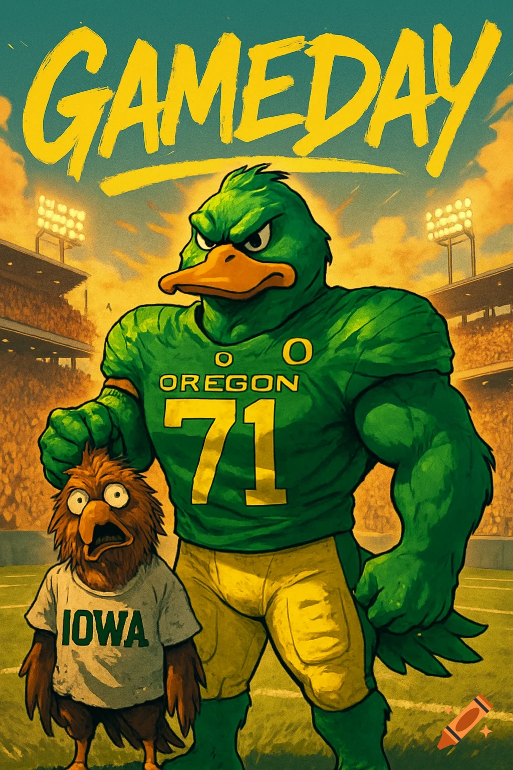 A muscular green Oregon duck mascot holding a frightened brown Iowa hawk mascot by the head in a football stadium. 'GAMEDAY' text is above.