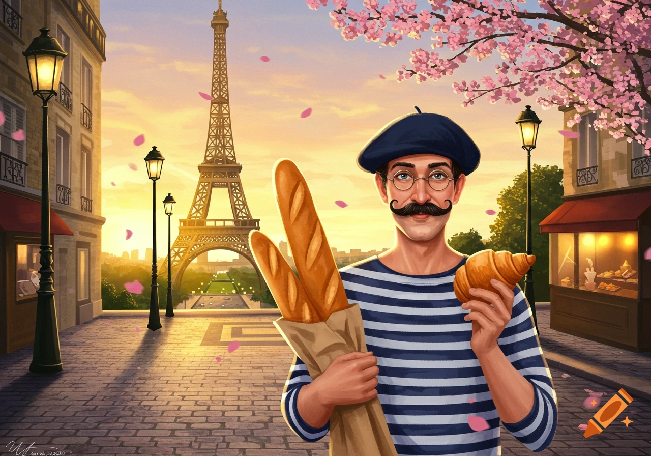 An illustration of a man with a mustache and beret holding baguettes and a croissant in Paris, with the Eiffel Tower and cherry blossoms at sunset.