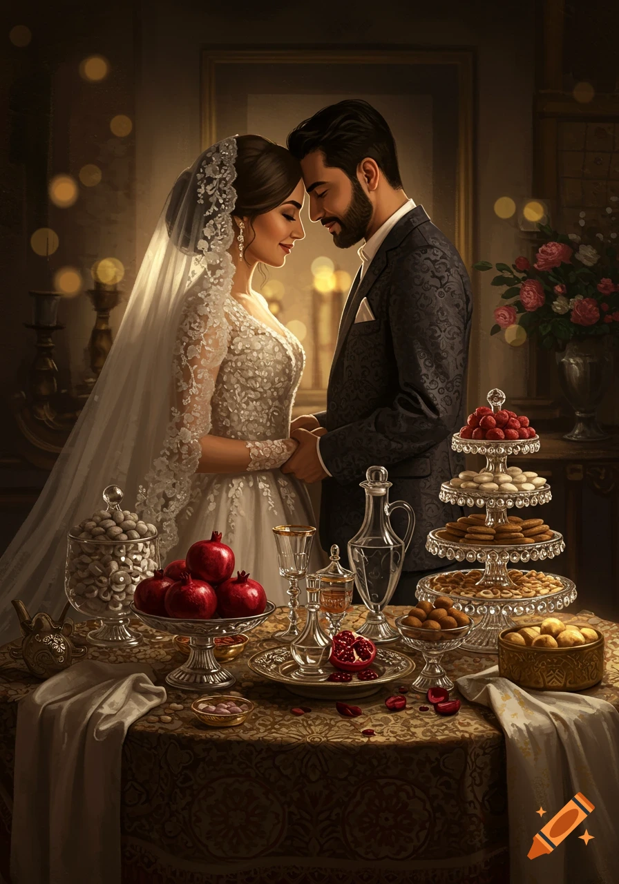 Photorealistic image of a bride and groom, foreheads touching, holding hands at an ornate Iranian wedding table laden with fruits and sweets.