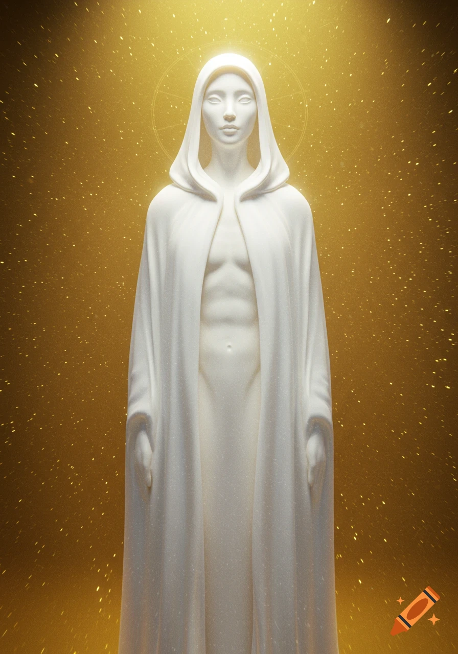 A glowing, androgynous figure in white hooded robes stands against a shimmering golden background.