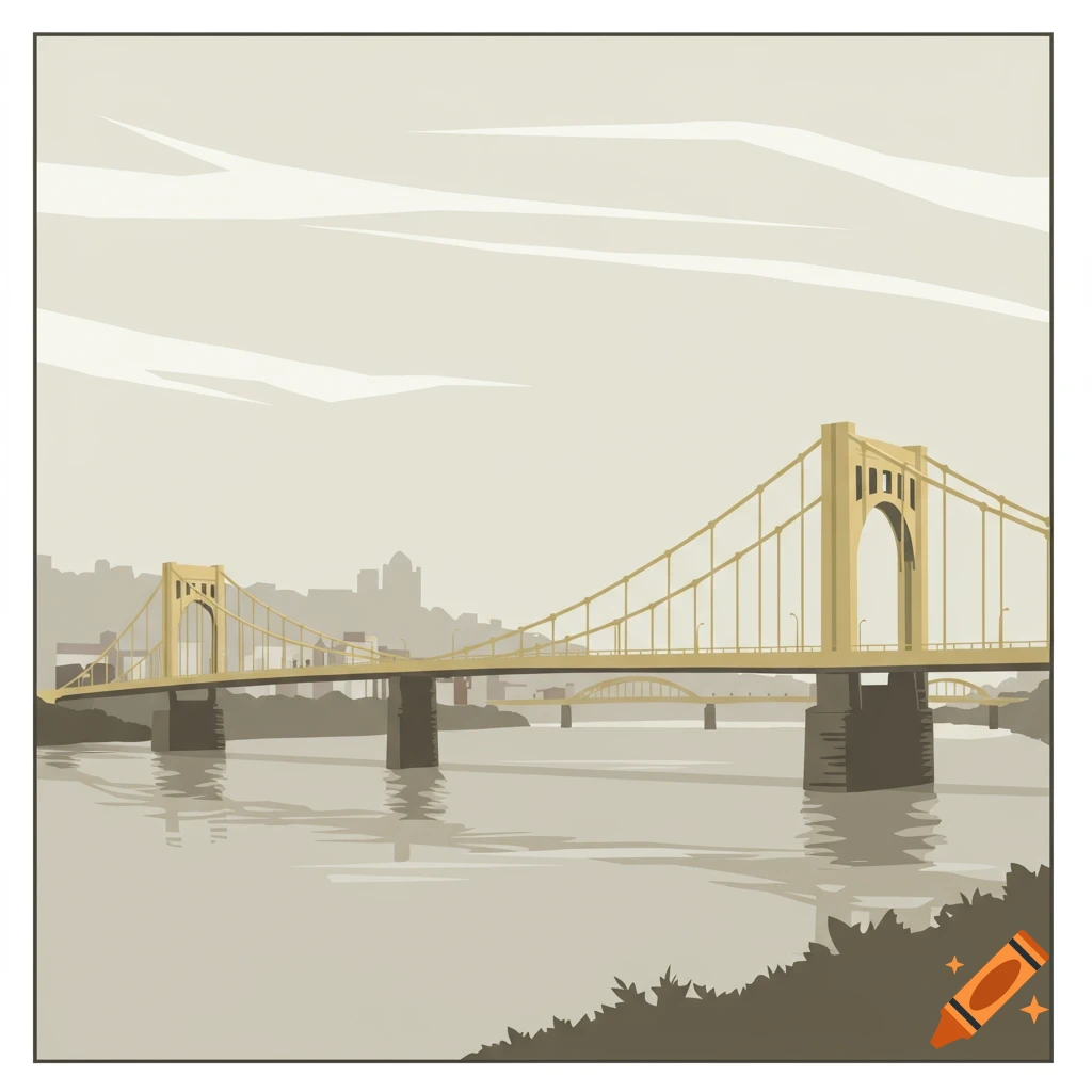 Simple vector illustration of pale yellow suspension bridges over a river with a city skyline and cloudy sky.