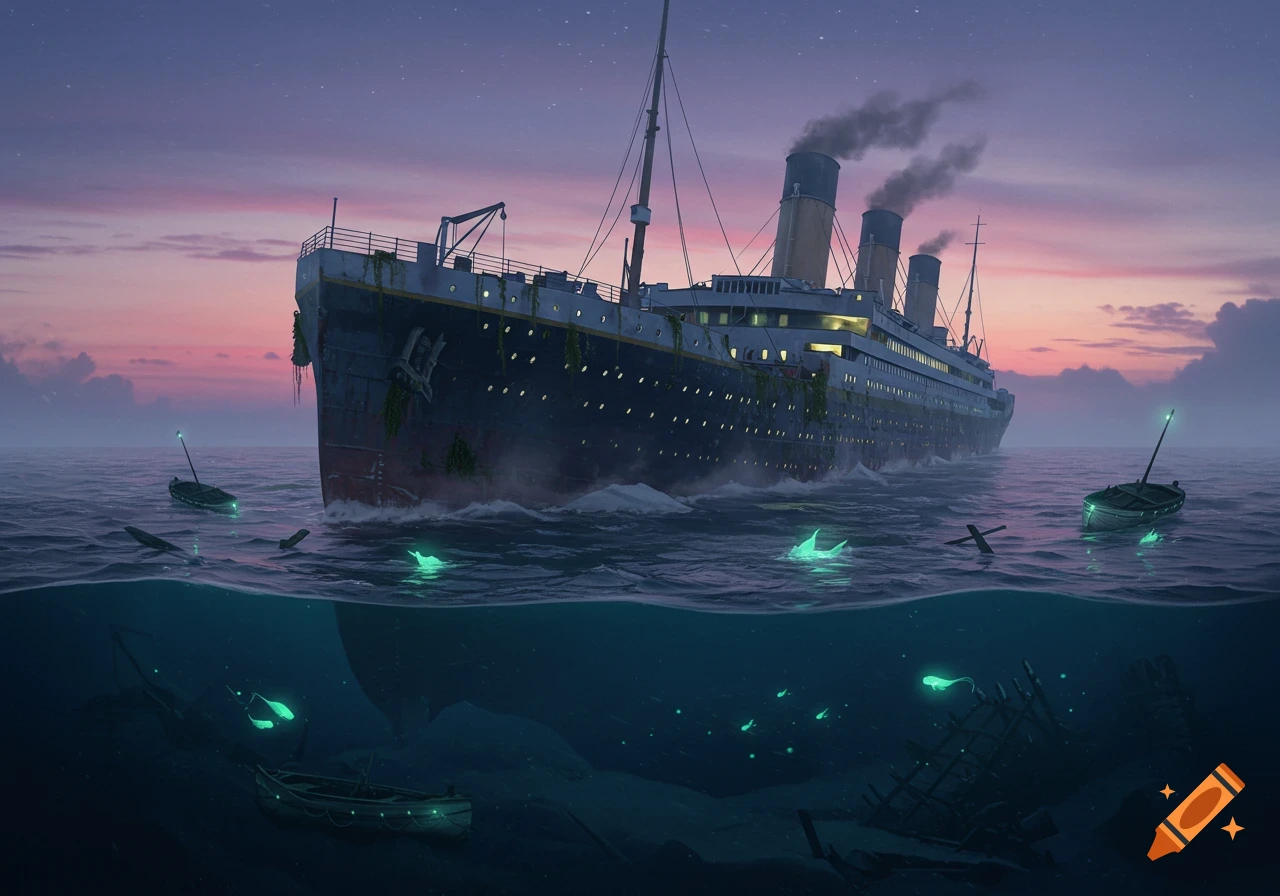 Digital art shows the Titanic half-sunk at sea at dusk, with glowing debris and sea creatures visible above and below the surface.
