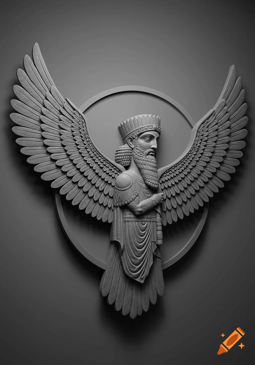 Grayscale relief sculpture of a winged ancient king or deity with a beard and crown, framed by a circle.