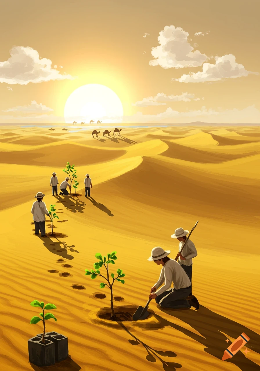 Stylized illustration of people planting saplings in a vast desert landscape with sand dunes and camels at sunset.