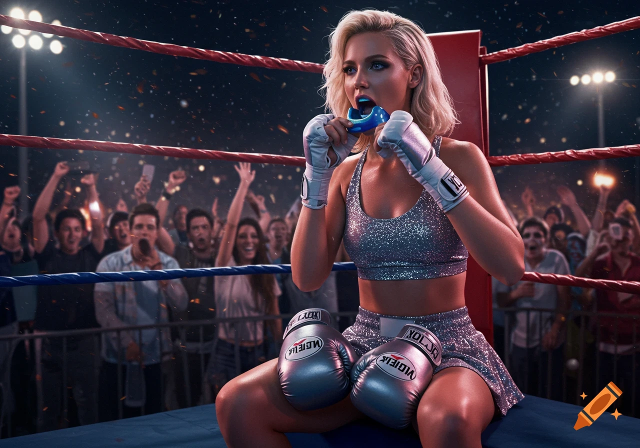 Blonde female boxer in a sparkly silver outfit and gloves sits in a ring corner, putting in a blue mouthguard, with a cheering crowd in the background.