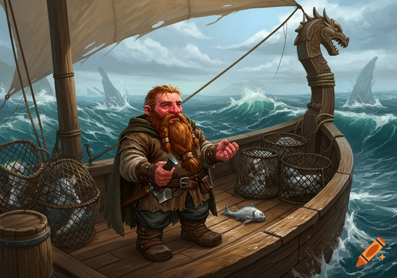 A seasick dwarf fisherman with a red beard stands on a wooden Viking ship in stormy seas, with shark fins visible in the distance.