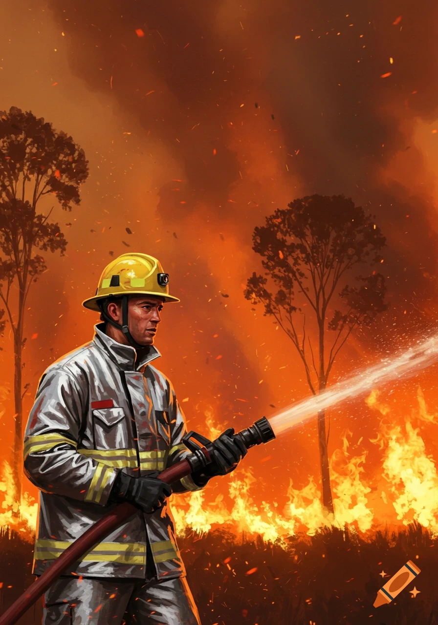 A stylized illustration of a firefighter in a yellow helmet and reflective suit spraying water onto a large wildfire.