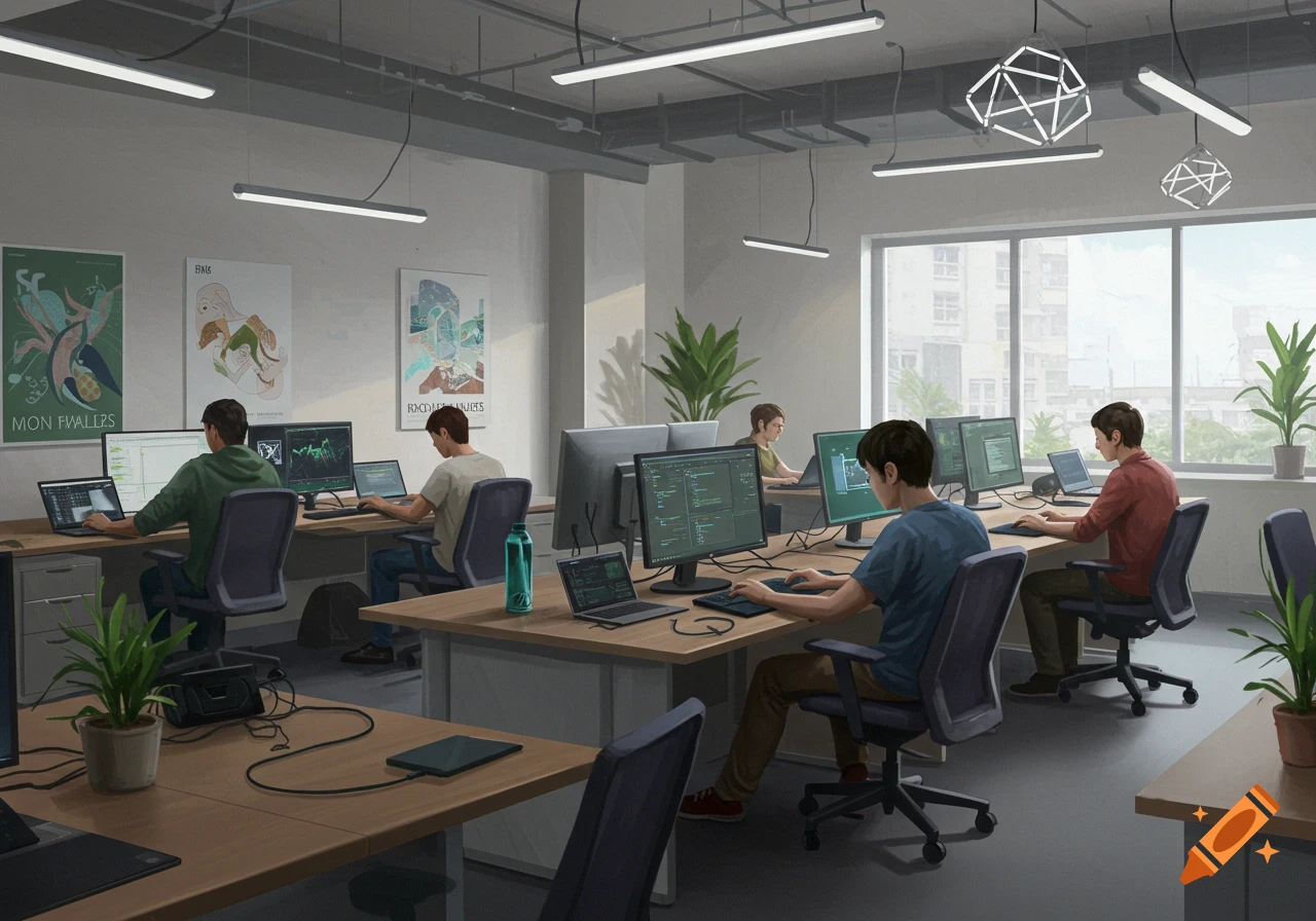 Illustrated view of several people working at computers in a modern, brightly lit office or computer lab.