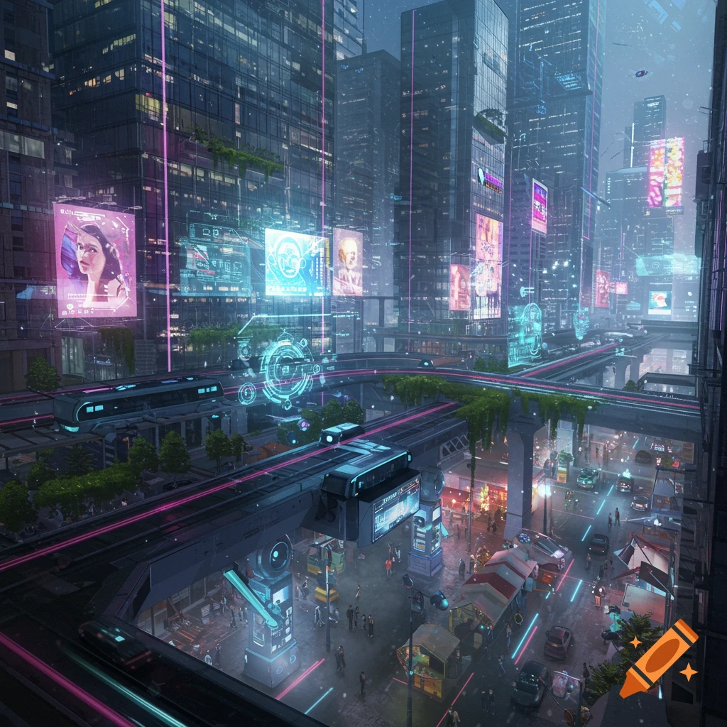 A vibrant, futuristic cityscape at night with towering skyscrapers ...