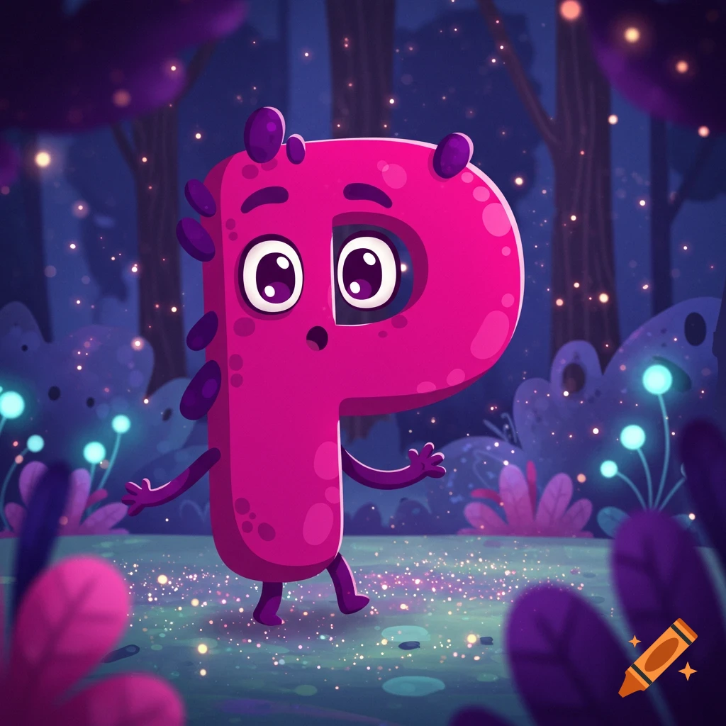 A cute pink cartoon letter P character with large eyes walks in a whimsical, glowing purple forest.