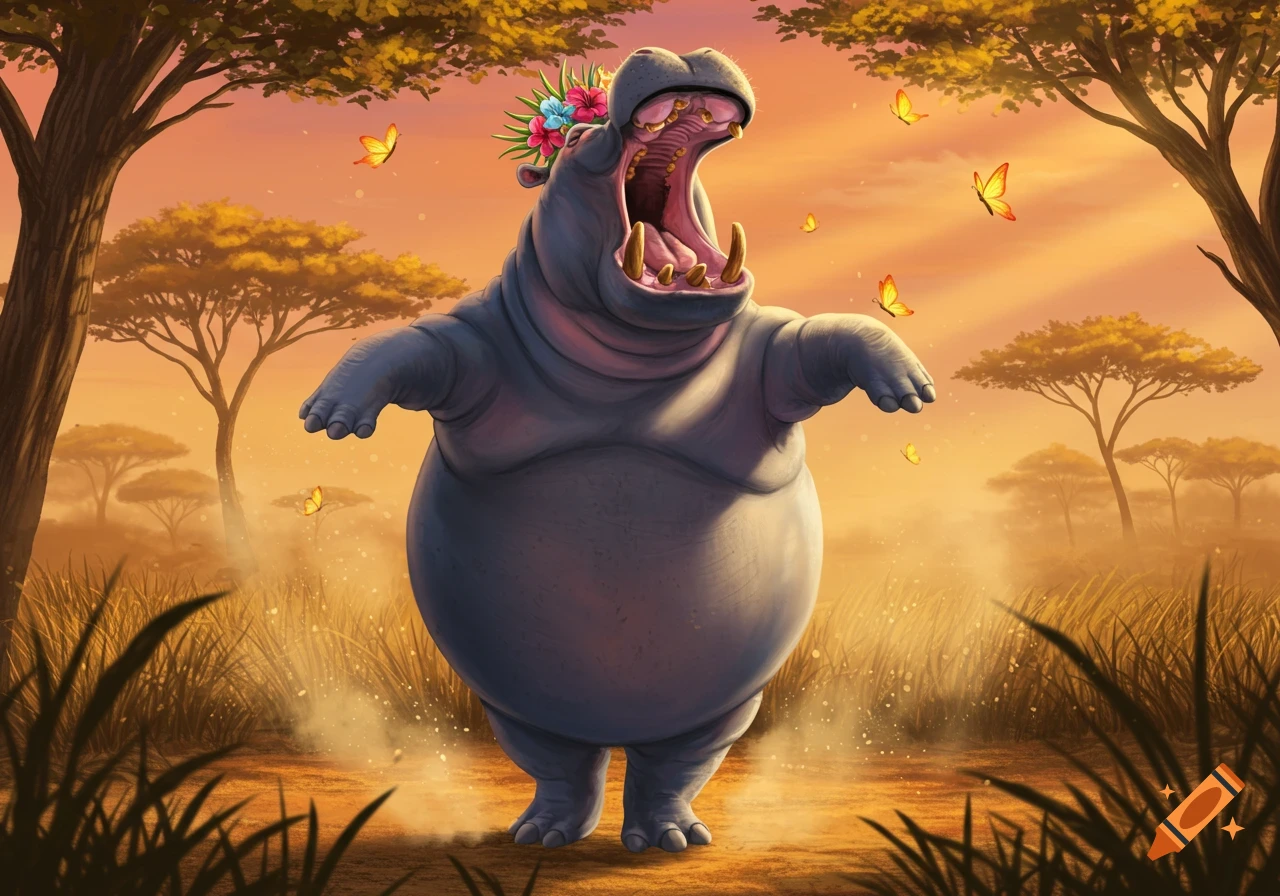 A jovial cartoon hippo with a flower crown dances with open mouth in a golden savanna at sunset, surrounded by butterflies.