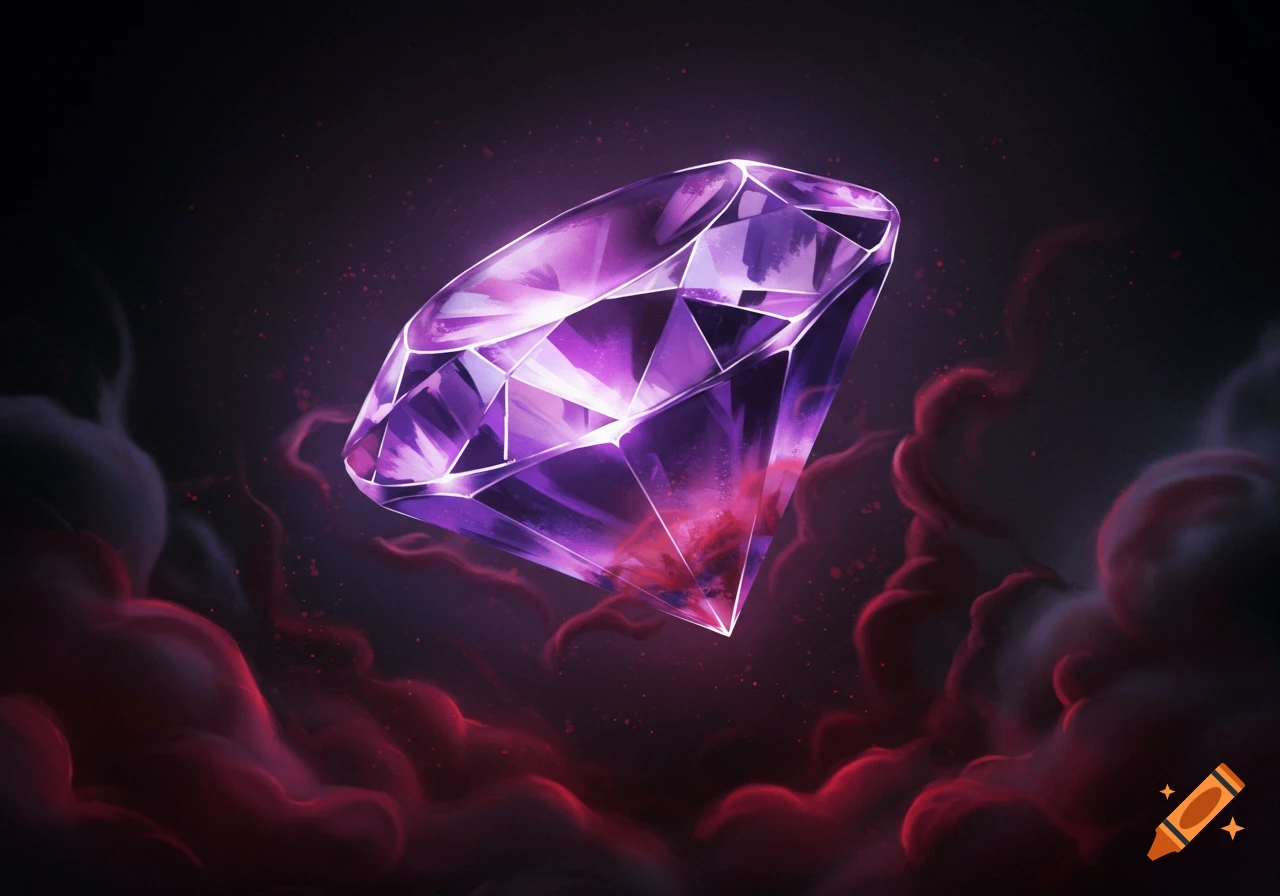 A glowing purple faceted gem floats amidst dark red and purple mystical smoke or clouds.