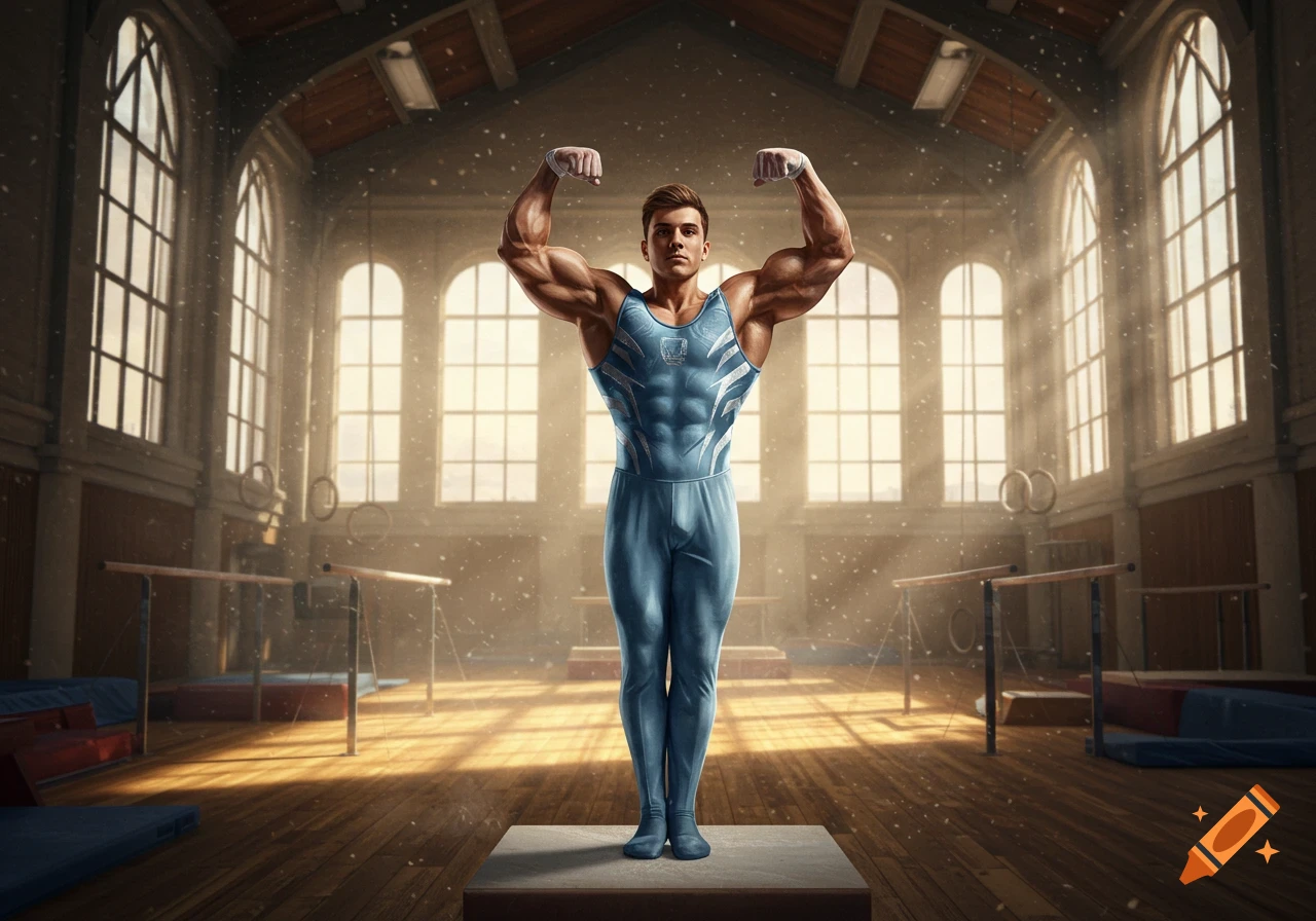 A muscular male gymnast in a blue leotard flexing his biceps in a sunlit gymnasium.
