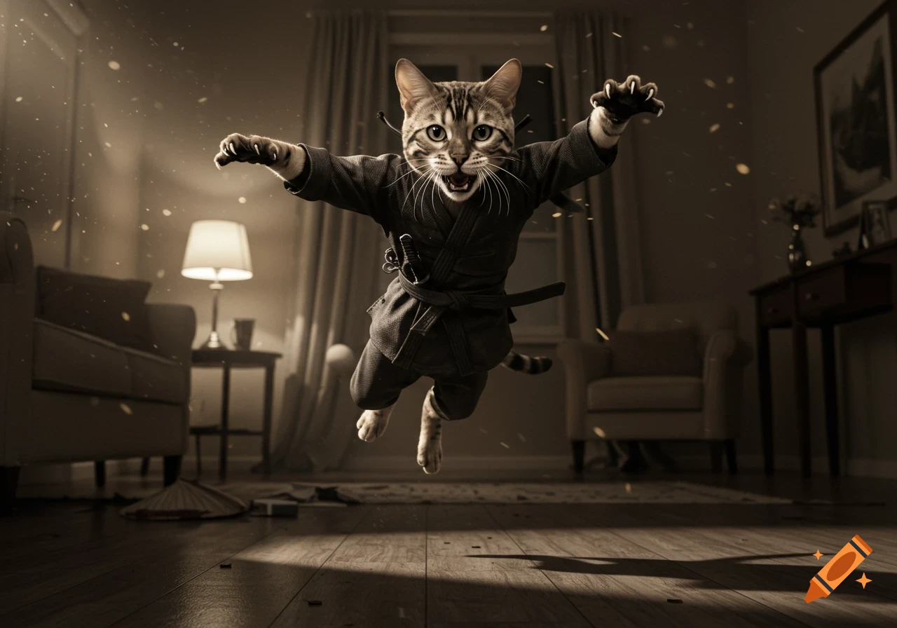 A hyperrealistic, sepia-toned Bengal cat dressed as a ninja jumps through a living room with claws extended.