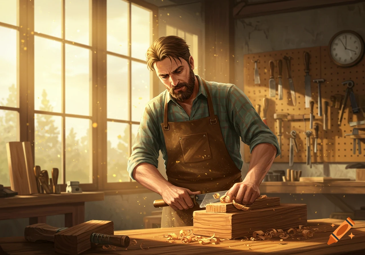 A photorealistic image of a bearded man in an apron meticulously planing wood in a sunlit workshop, surrounded by tools and wood shavings.