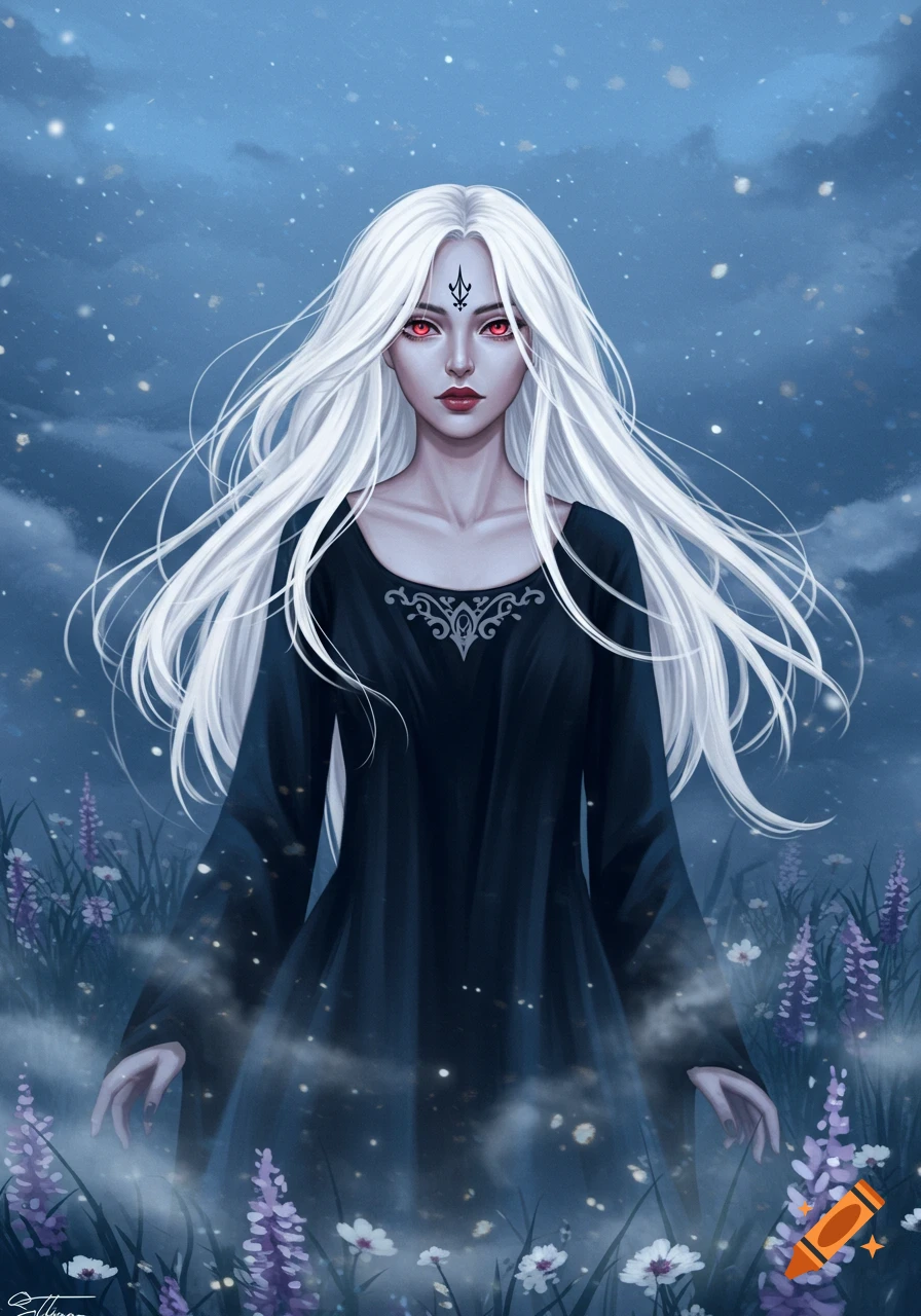 Digital art portrait of a white-haired woman with red eyes and a dark ...