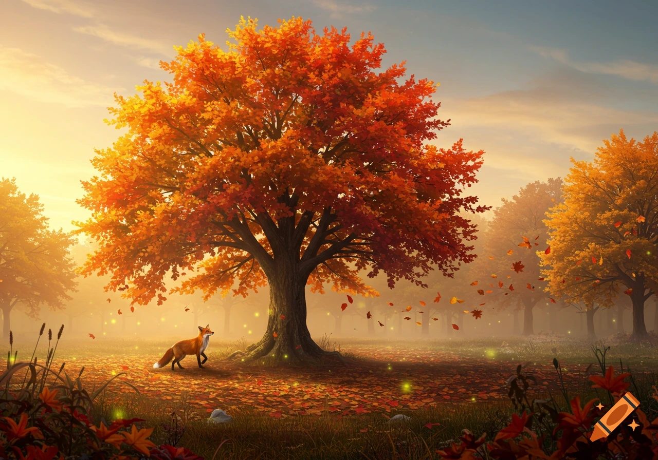 A fox in an autumn forest under a large tree with golden light, falling orange leaves, and glowing ground particles.