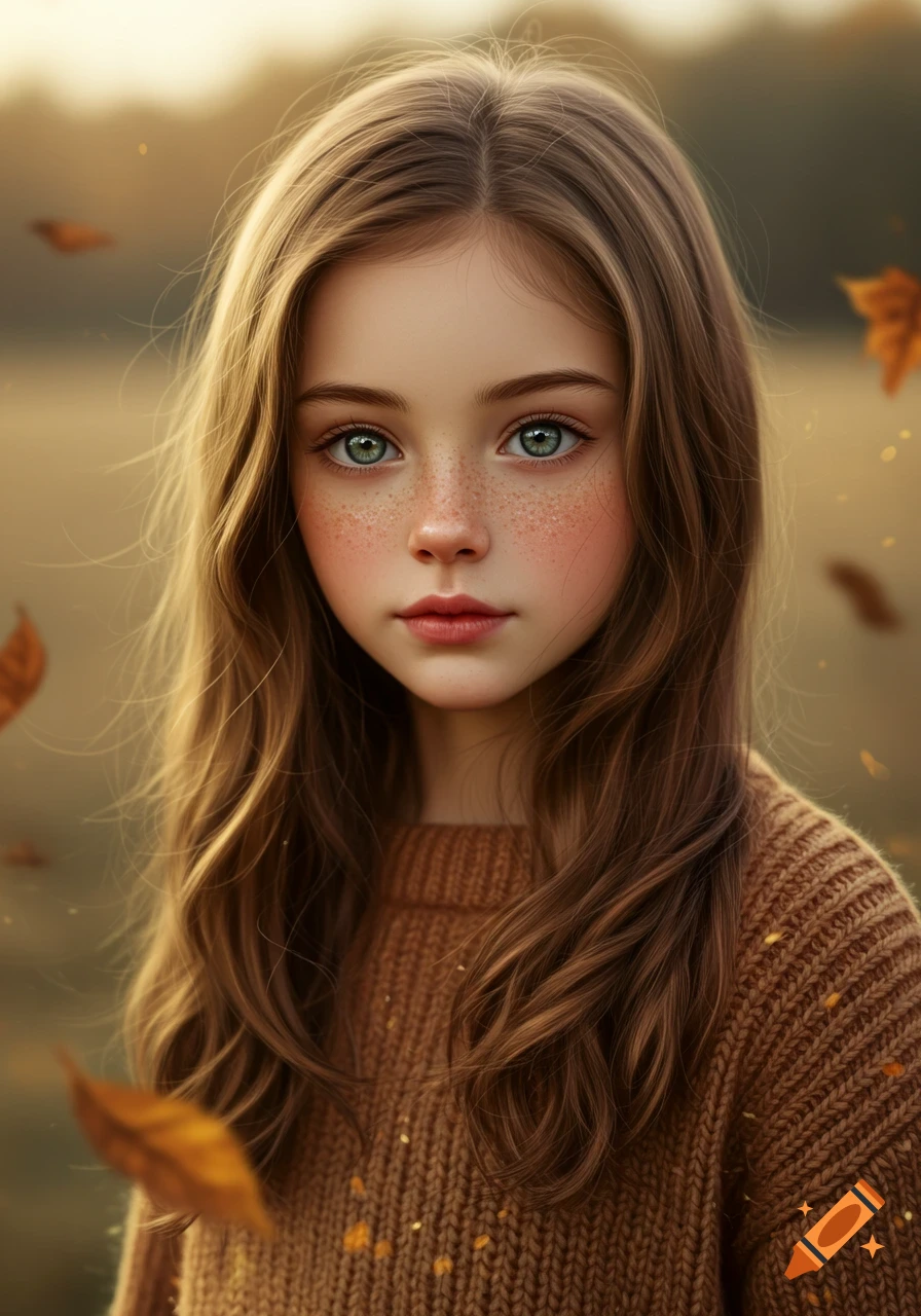 Photorealistic portrait of a young girl with long brown hair, greenish-gray eyes, and freckles, wearing a brown sweater in an autumn setting.