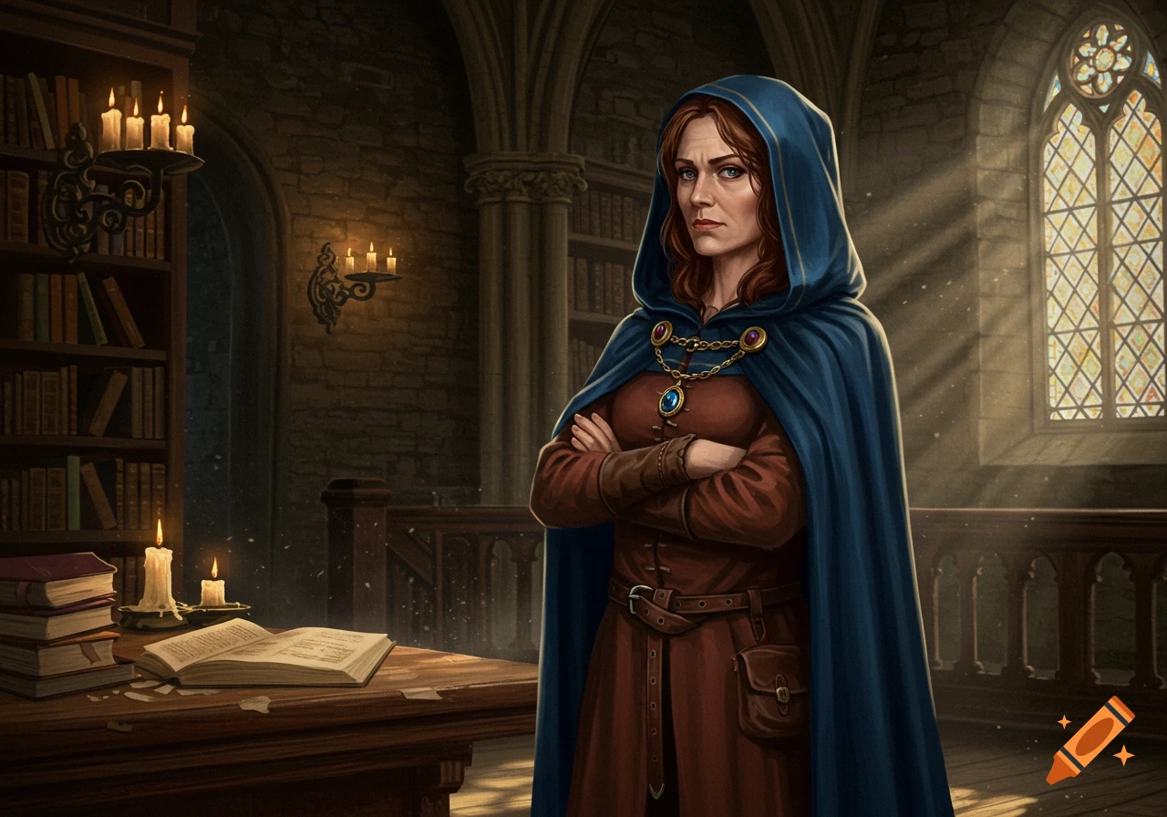 Digital painting of an impatient medieval female scholar in a blue hooded cloak, standing with crossed arms in a stone library.