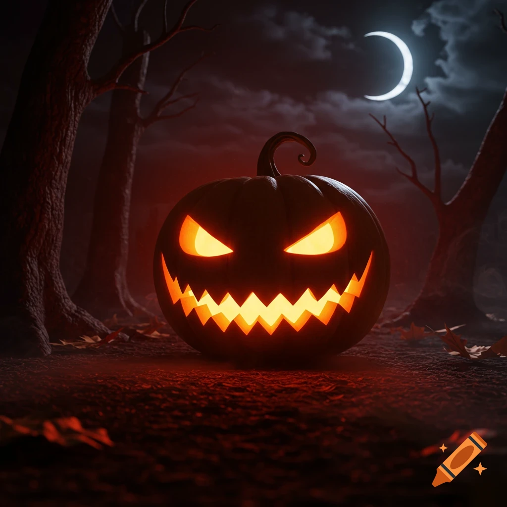 A glowing, evil-faced jack-o'-lantern sits in a dark, gnarled forest under a crescent moon.