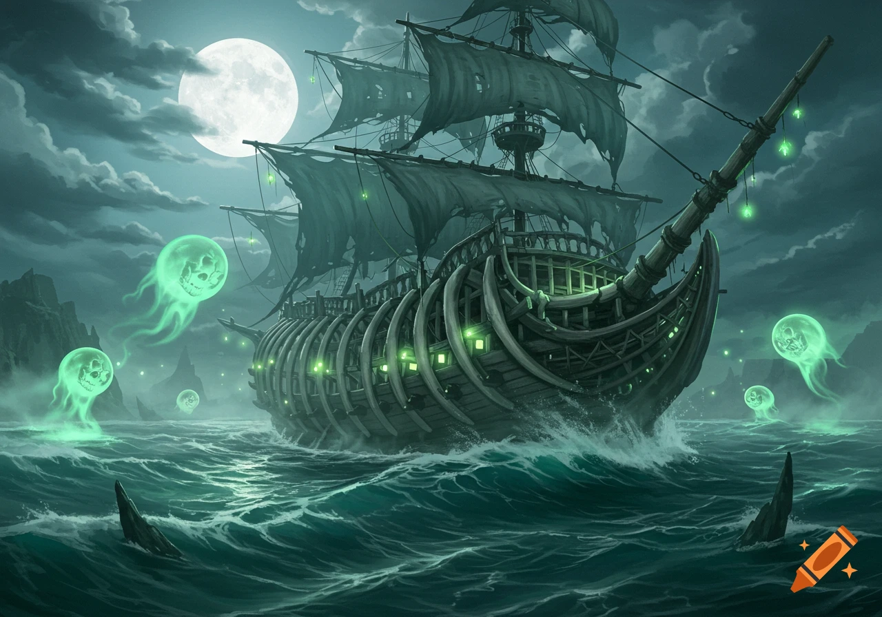 A ghostly skeletal dreadnought ship with tattered sails sails on a moonlit, stormy sea, surrounded by glowing green ghost spirits.